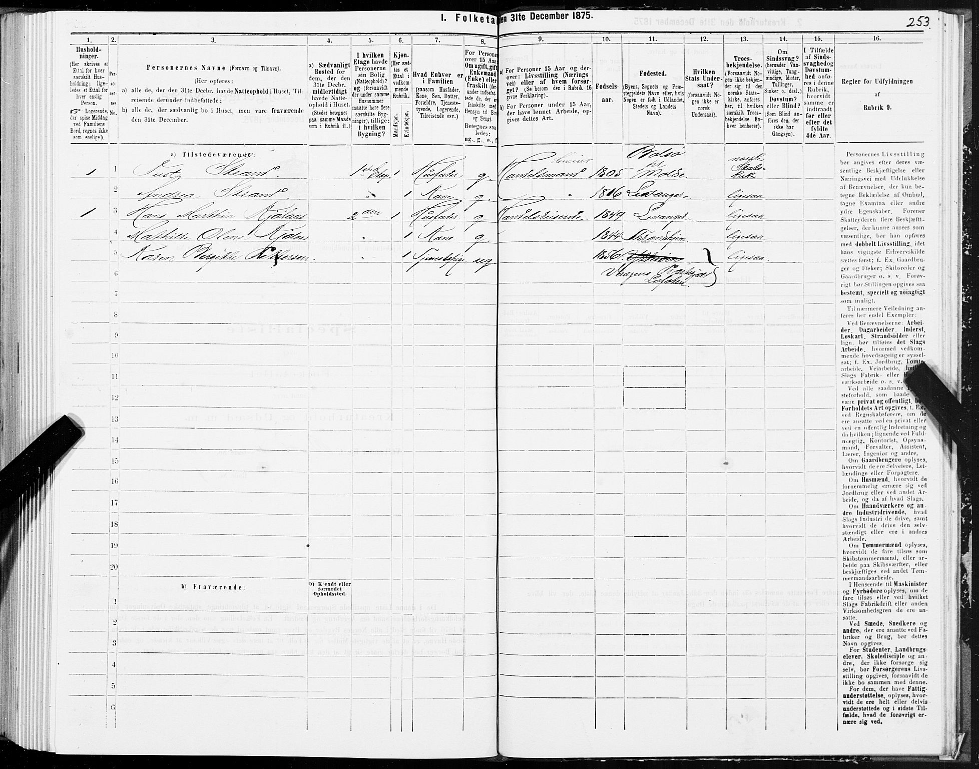 SAT, 1875 census for 1601 Trondheim, 1875, p. 1253