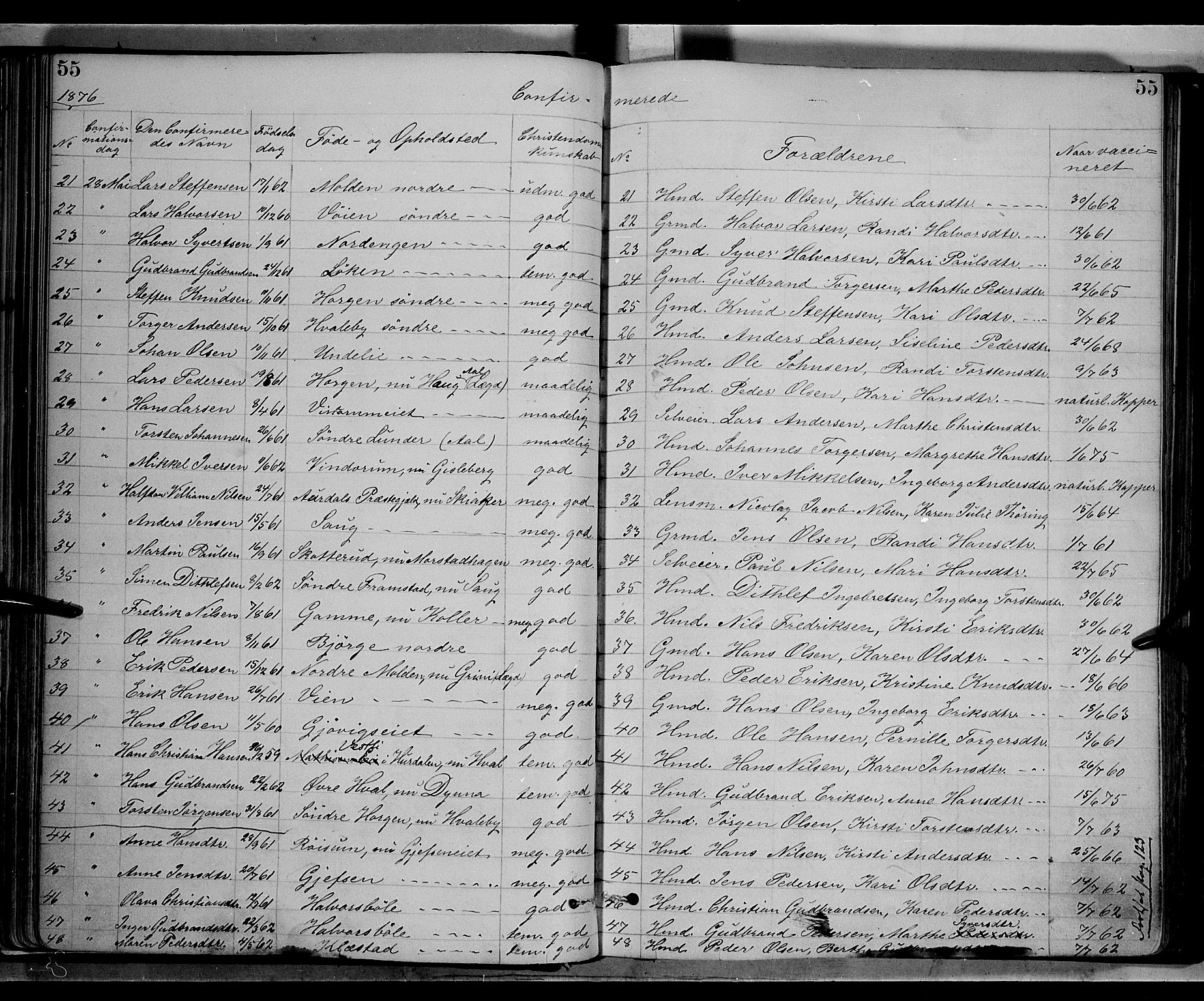 Gran prestekontor, SAH/PREST-112/H/Ha/Haa/L0013: Parish register (official) no. 13, 1875-1879, p. 55