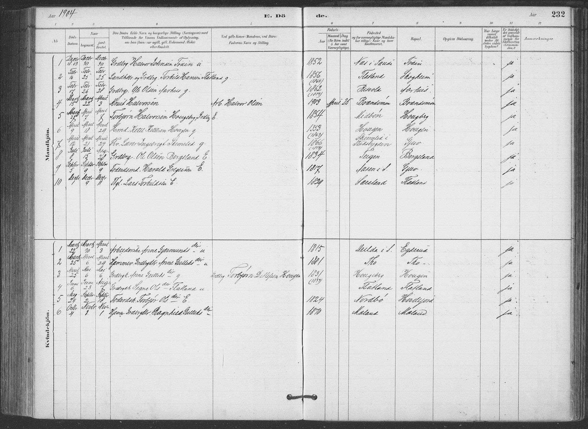 Hjartdal kirkebøker, SAKO/A-270/F/Fa/L0010: Parish register (official) no. I 10, 1880-1929, p. 232