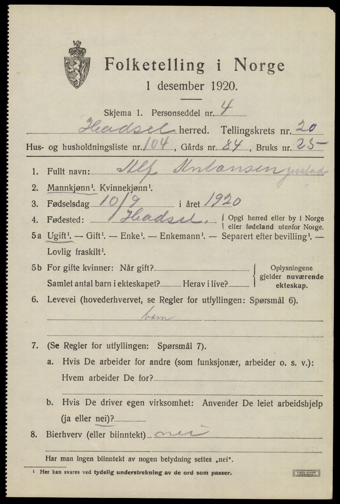 SAT, 1920 census for Hadsel, 1920, p. 19442