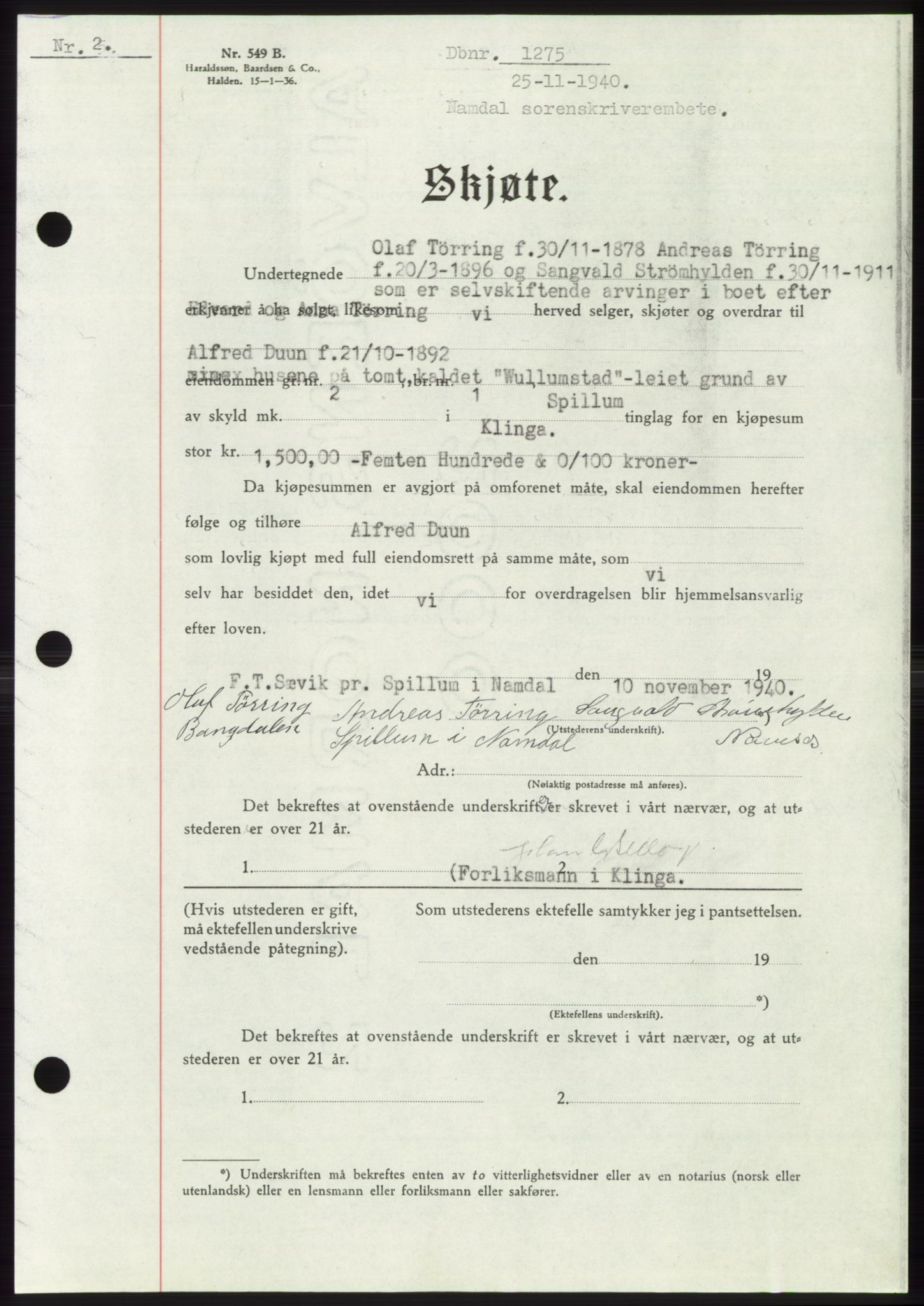 Namdal sorenskriveri, SAT/A-4133/1/2/2C: Mortgage book no. -, 1940-1941, Deed date: 25.11.1940