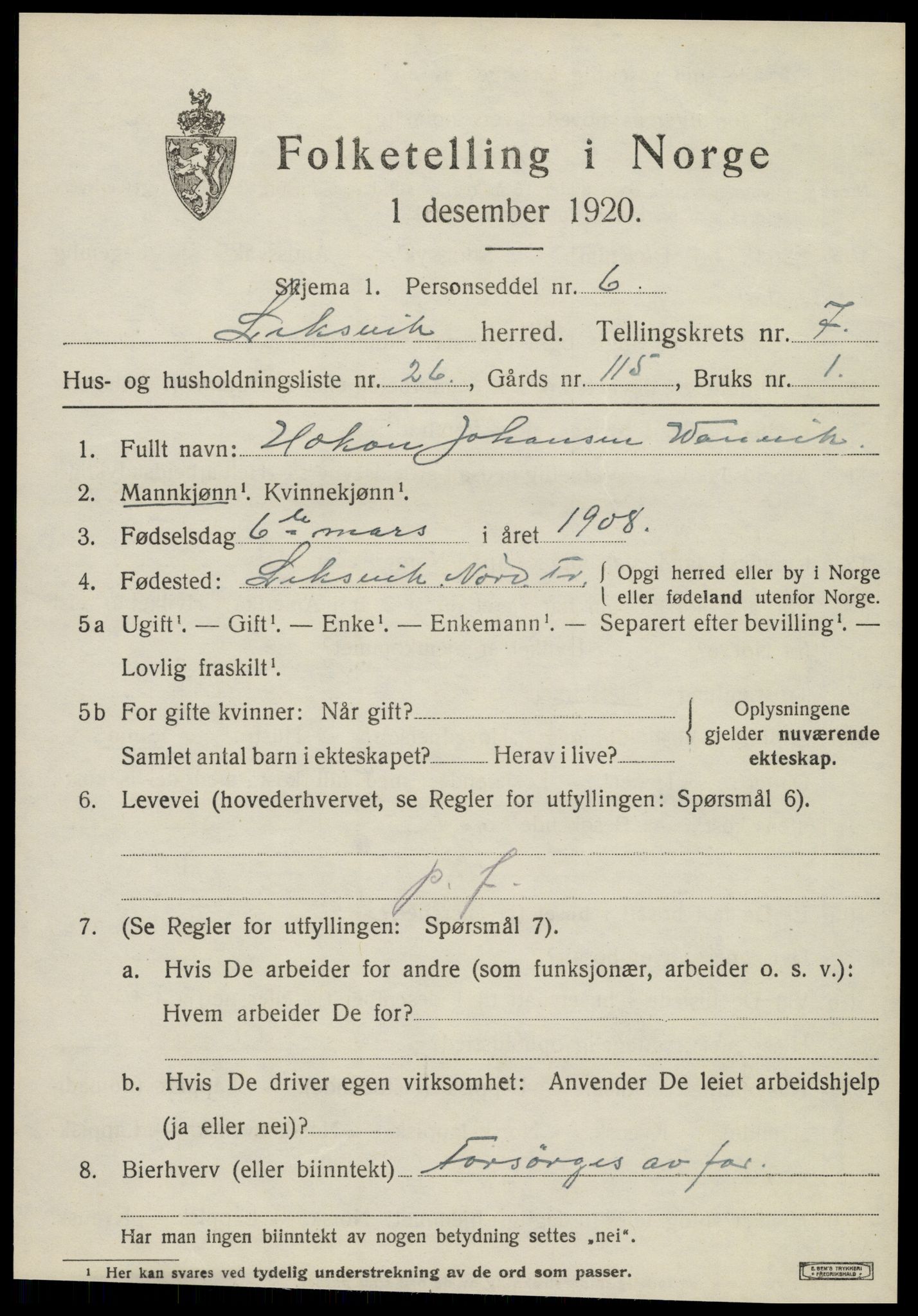 SAT, 1920 census for Leksvik, 1920, p. 6380