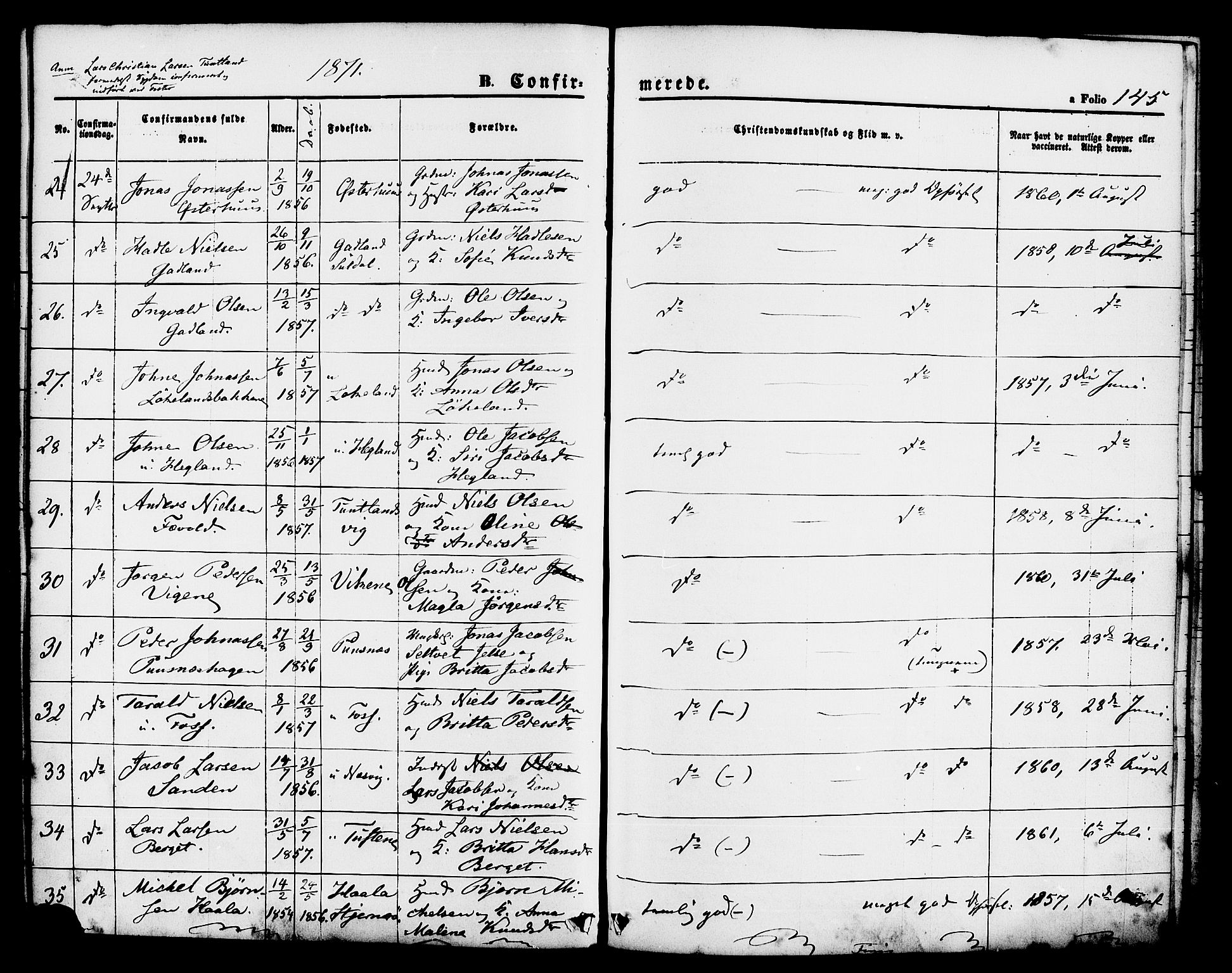 Hjelmeland sokneprestkontor, SAST/A-101843/01/IV/L0011: Parish register (official) no. A 11, 1861-1878, p. 145
