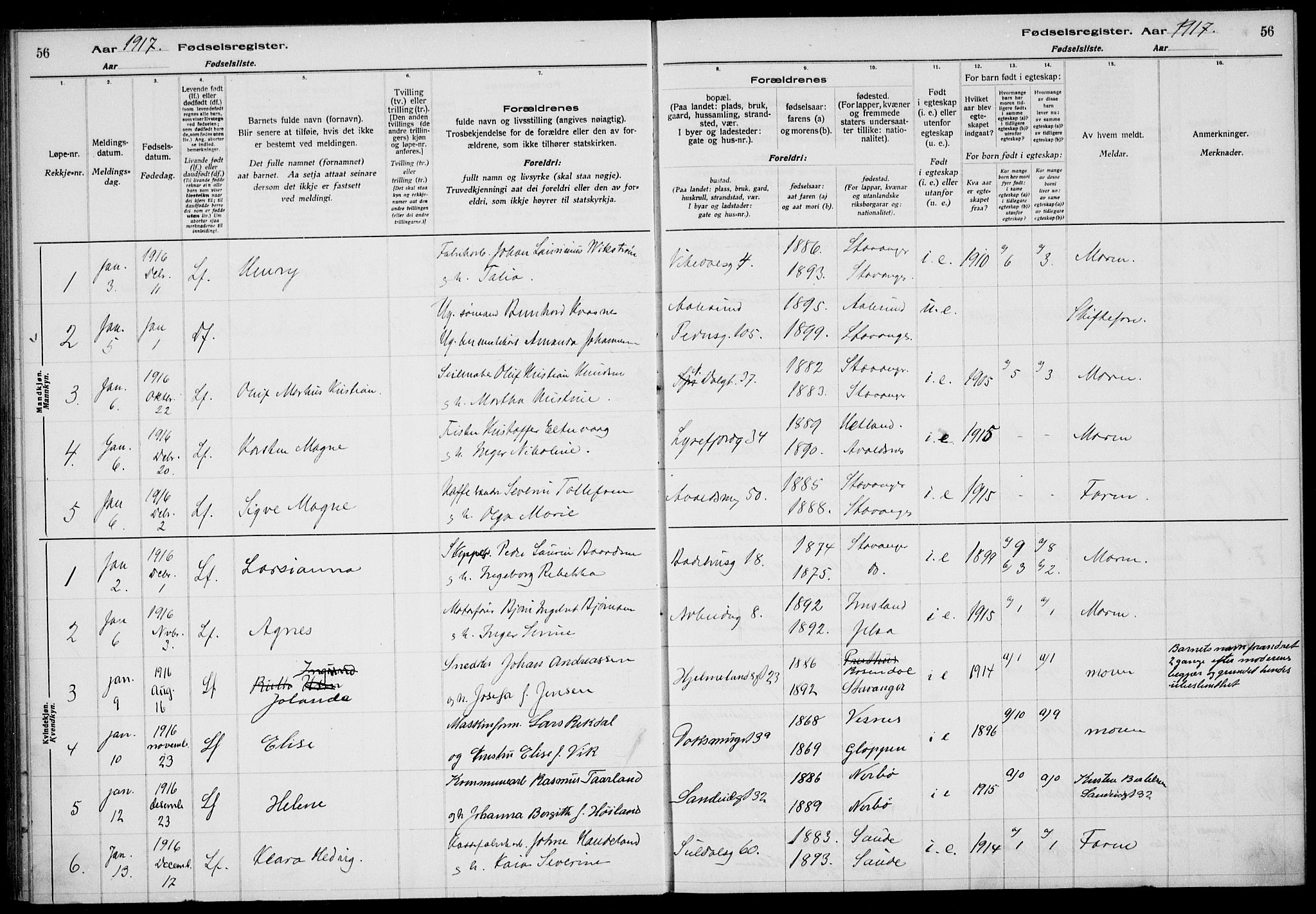 St. Johannes sokneprestkontor, AV/SAST-A-101814/002/A/L0001: Birth register no. 1, 1916-1919, p. 56