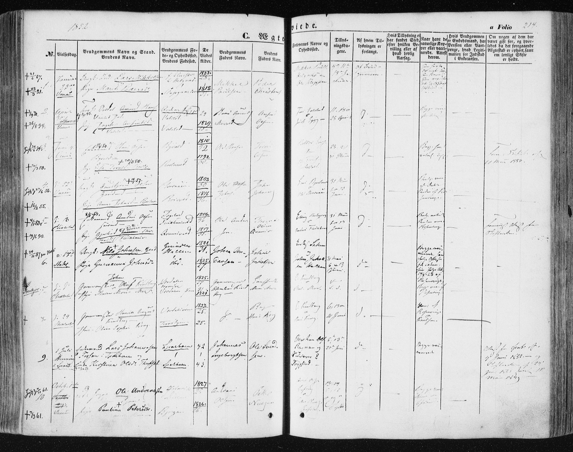 Ministerialprotokoller, klokkerbøker og fødselsregistre - Nord-Trøndelag, SAT/A-1458/723/L0240: Parish register (official) no. 723A09, 1852-1860, p. 214