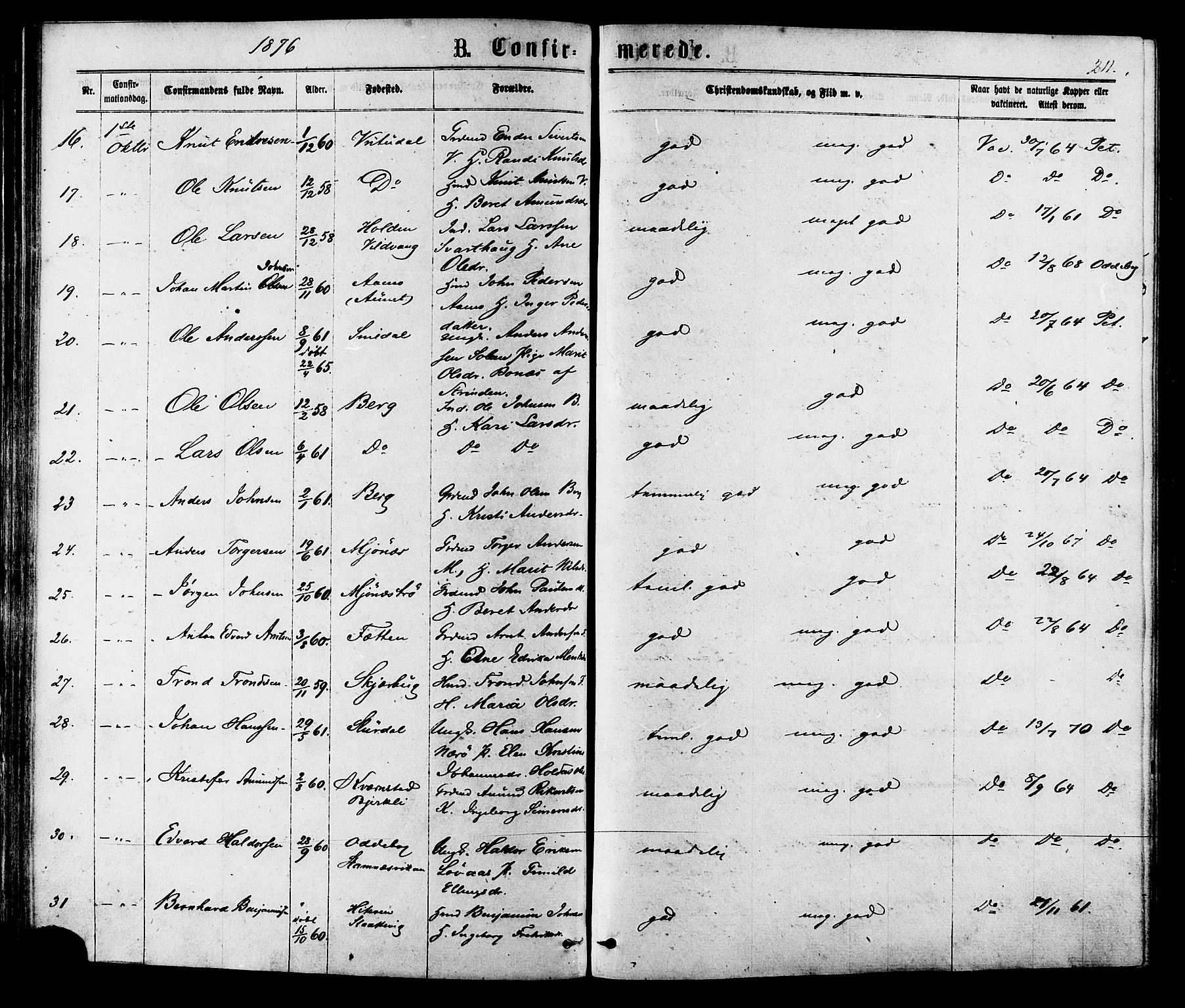 Ministerialprotokoller, klokkerbøker og fødselsregistre - Sør-Trøndelag, SAT/A-1456/630/L0495: Parish register (official) no. 630A08, 1868-1878, p. 211