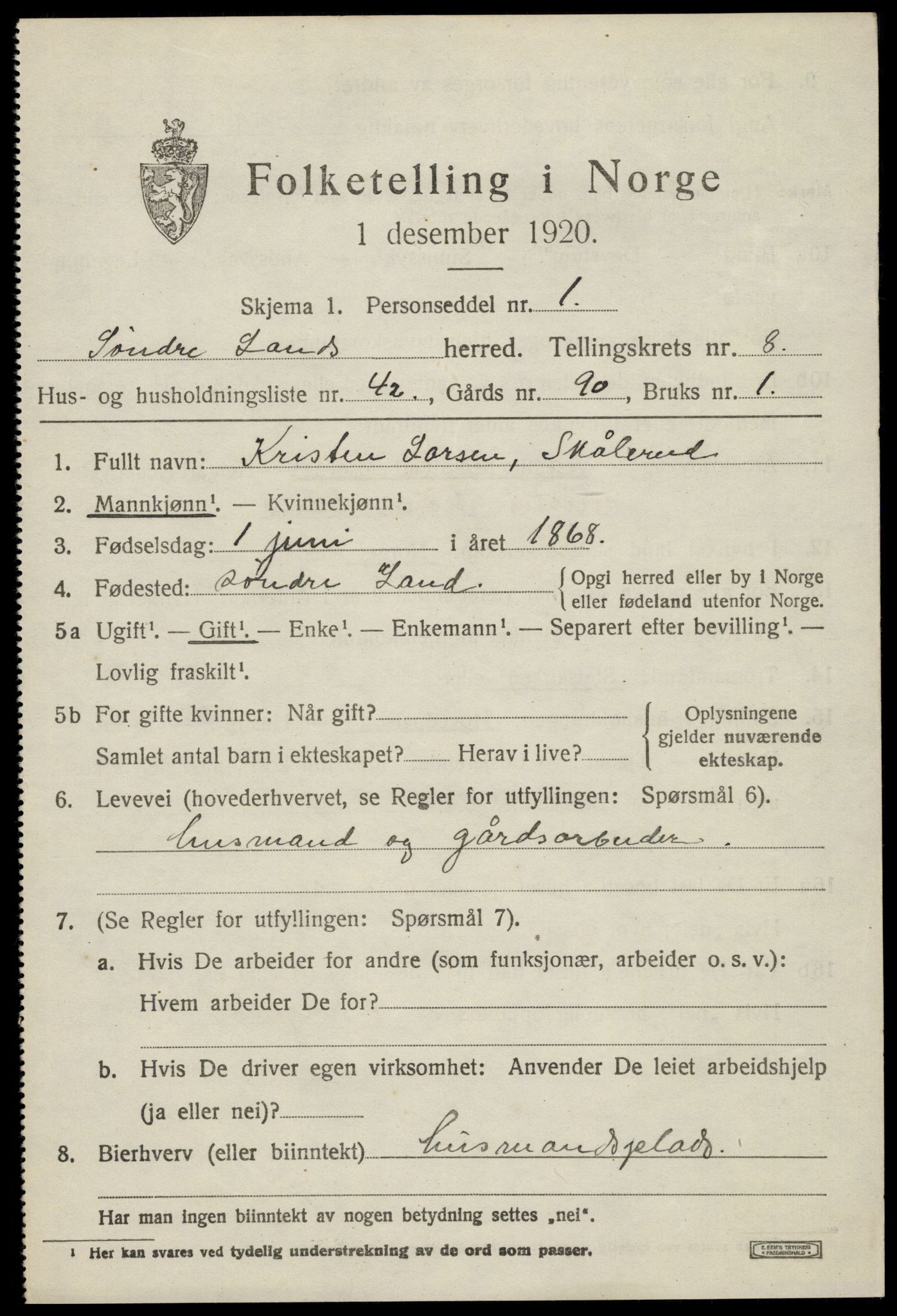 SAH, 1920 census for Søndre Land, 1920, p. 8171