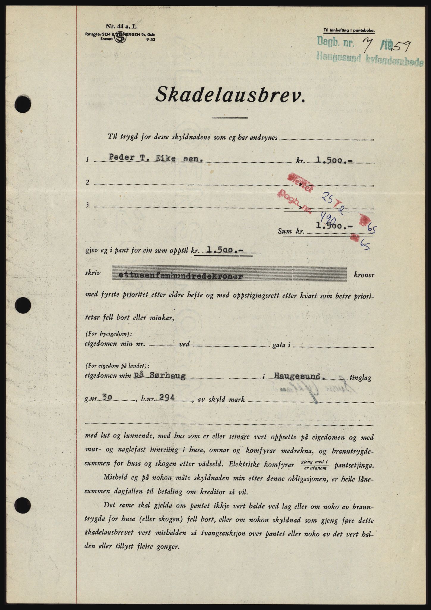 Haugesund tingrett, SAST/A-101415/01/II/IIC/L0044: Mortgage book no. B 44, 1958-1959, Diary no: : 7/1959