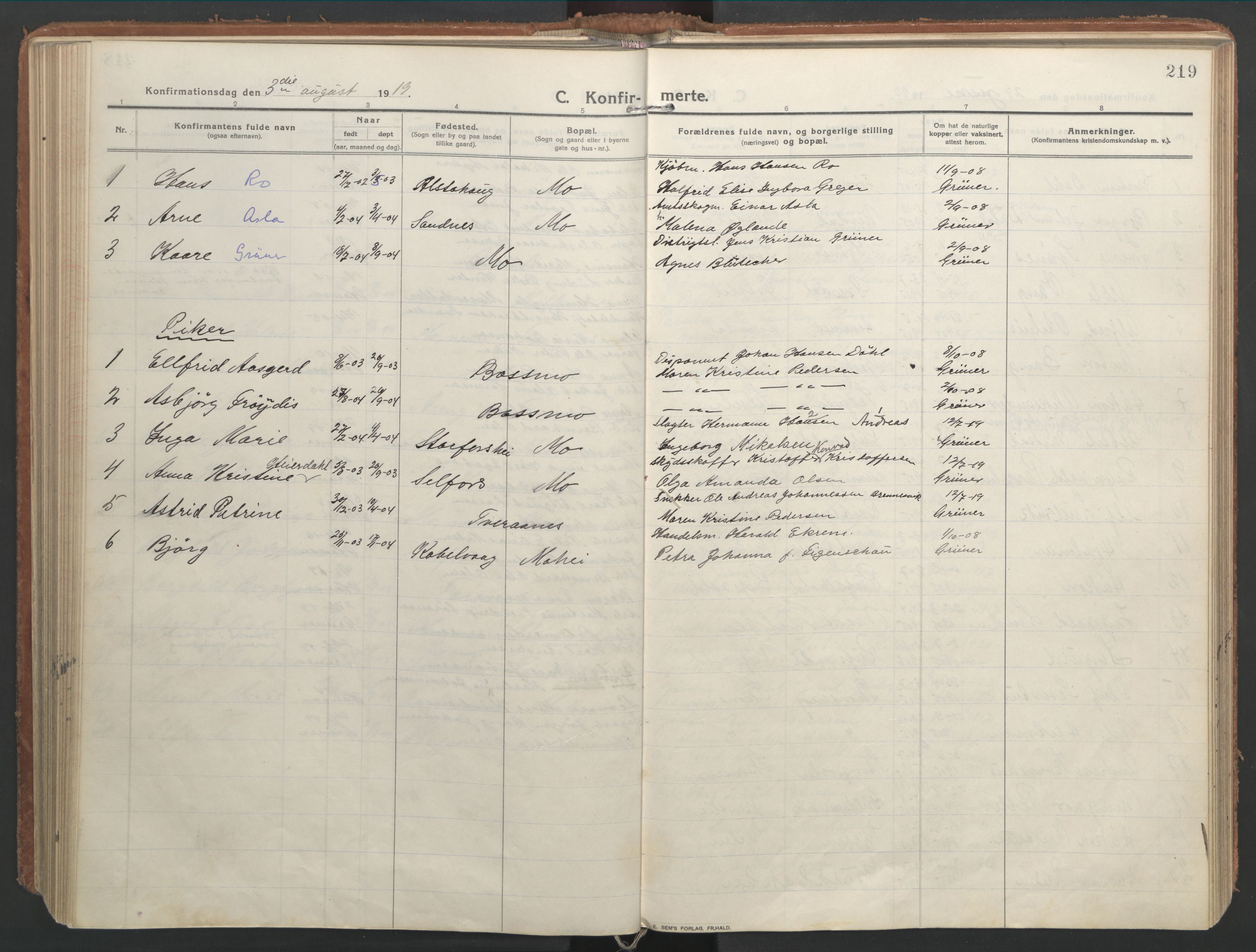 Ministerialprotokoller, klokkerbøker og fødselsregistre - Nordland, SAT/A-1459/827/L0404: Parish register (official) no. 827A16, 1912-1925, p. 219