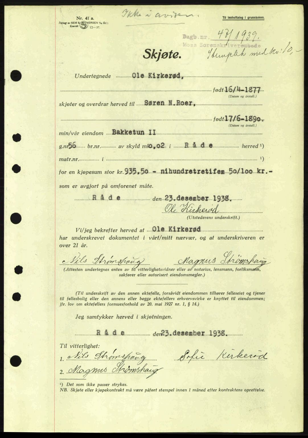 Moss sorenskriveri, SAO/A-10168: Mortgage book no. A5, 1938-1939, Diary no: : 47/1939