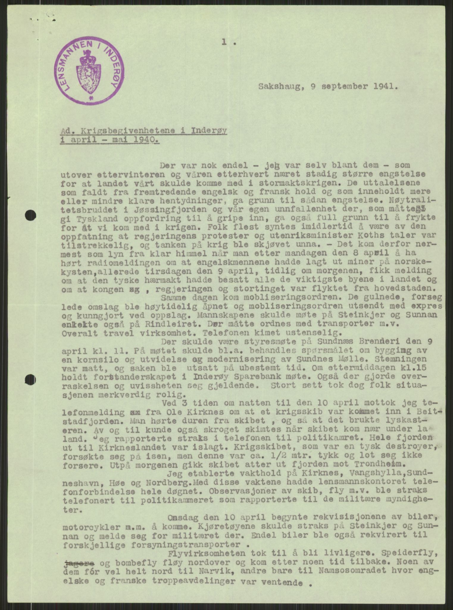 Forsvaret, Forsvarets krigshistoriske avdeling, AV/RA-RAFA-2017/Y/Ya/L0016: II-C-11-31 - Fylkesmenn.  Rapporter om krigsbegivenhetene 1940., 1940, p. 479