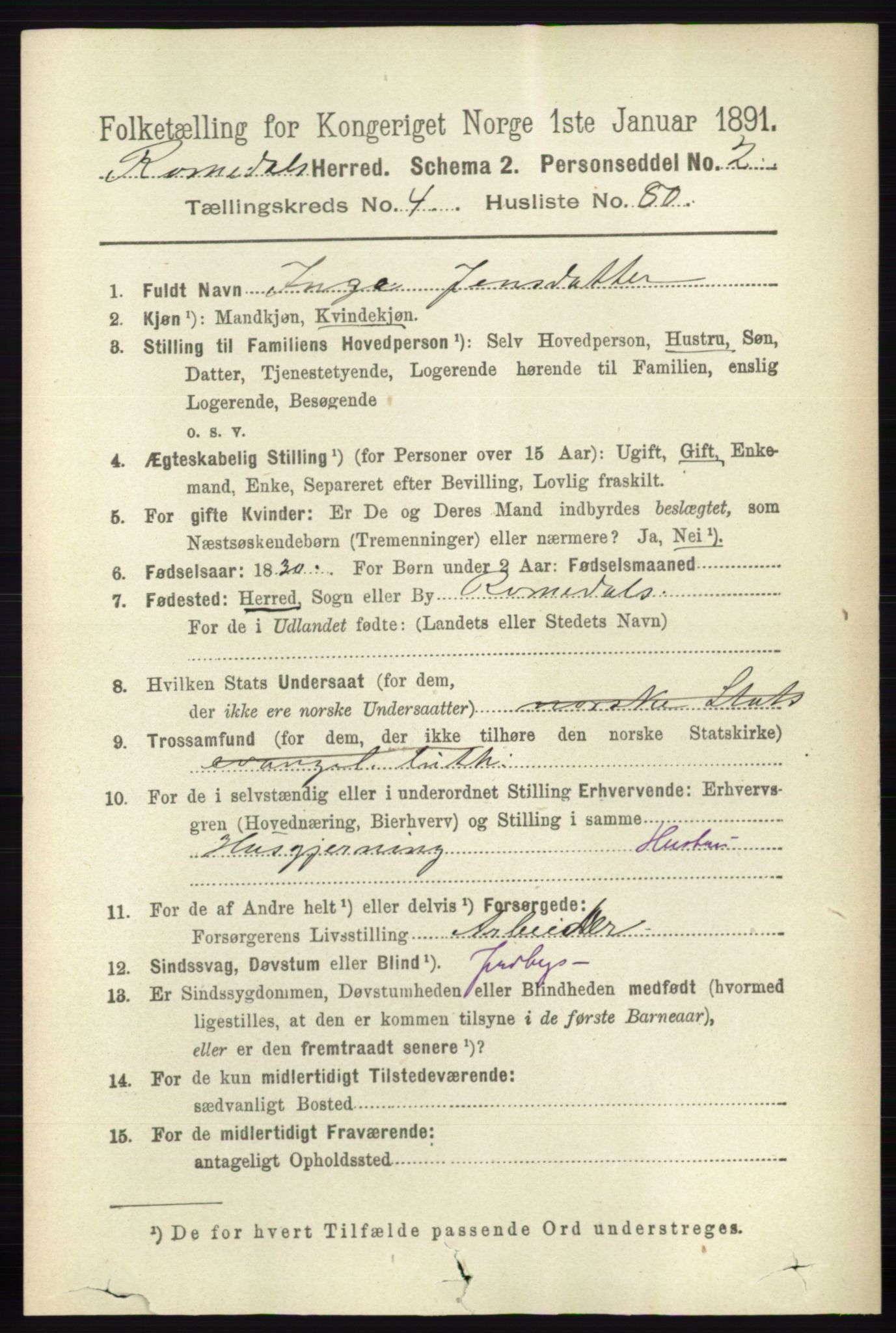 RA, 1891 census for 0416 Romedal, 1891, p. 2383