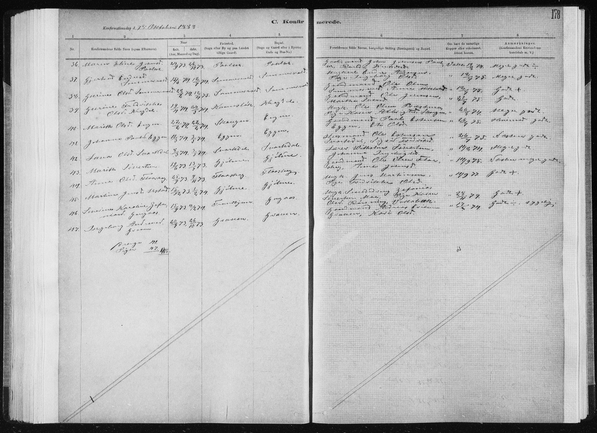 Ministerialprotokoller, klokkerbøker og fødselsregistre - Sør-Trøndelag, SAT/A-1456/668/L0818: Parish register (copy) no. 668C07, 1885-1898, p. 178