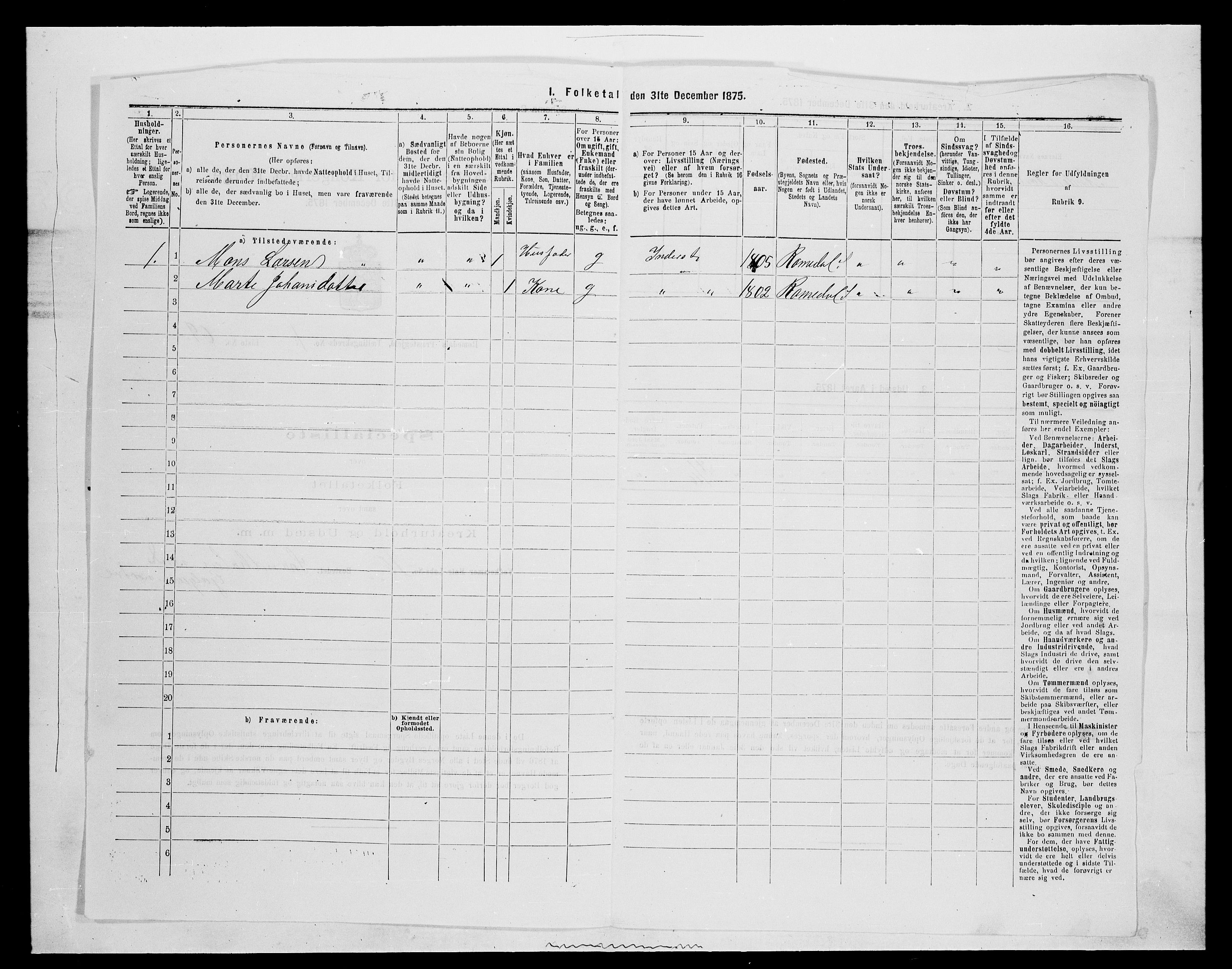 SAH, 1875 census for 0416P Romedal, 1875, p. 258