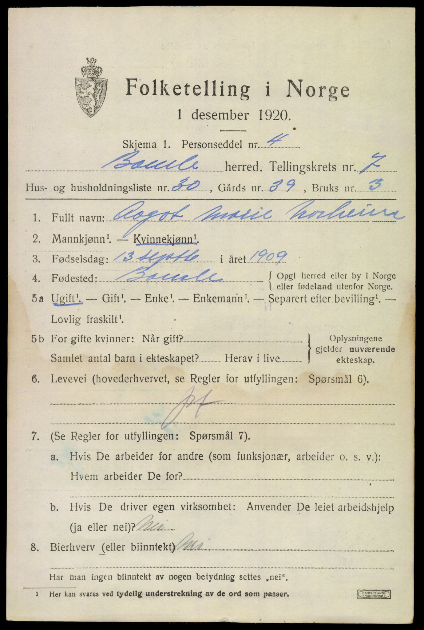 SAKO, 1920 census for Bamble, 1920, p. 7245