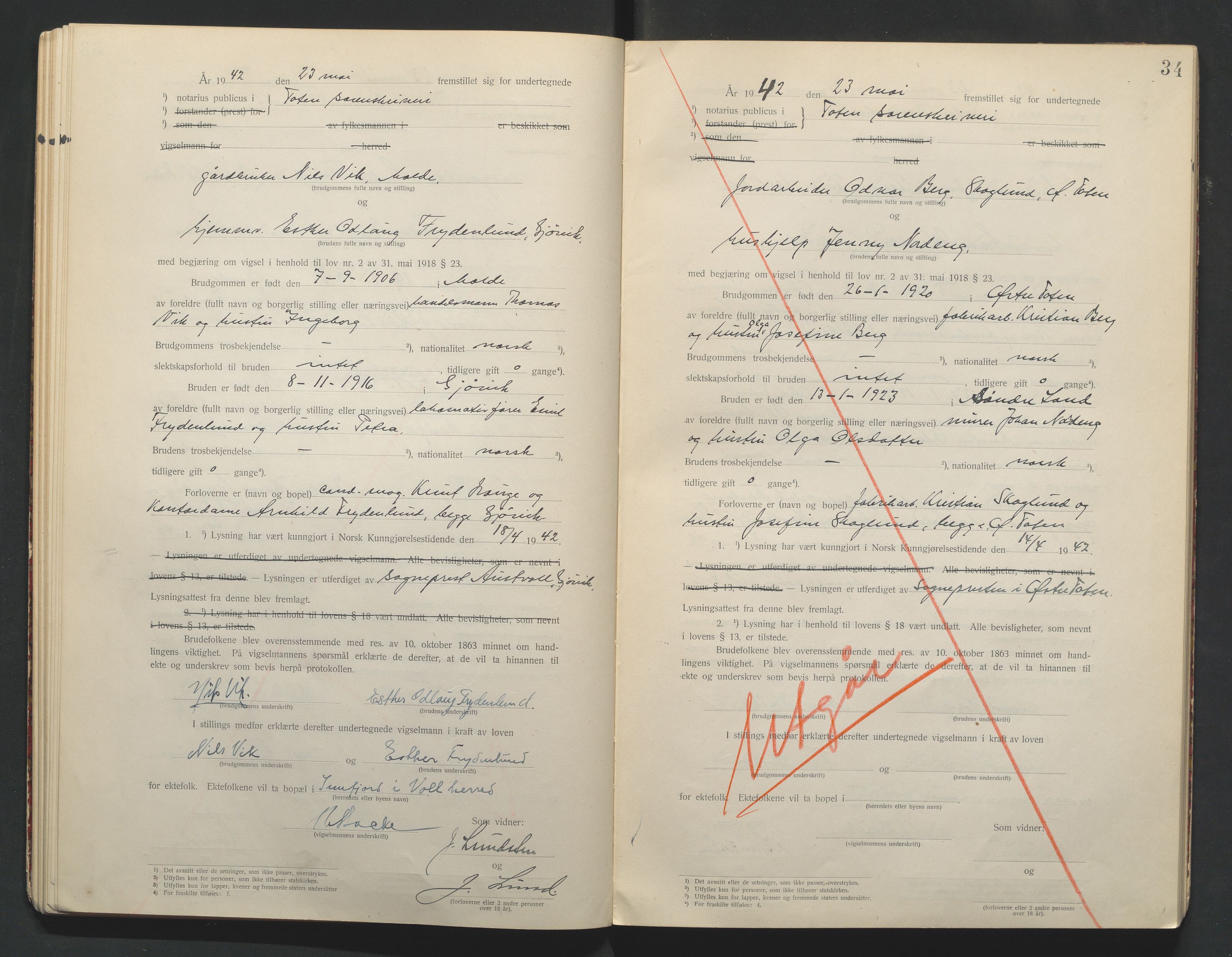 Toten tingrett, AV/SAH-TING-006/L/Lc/L0001: Vigselbok, 1920-1942, p. 34