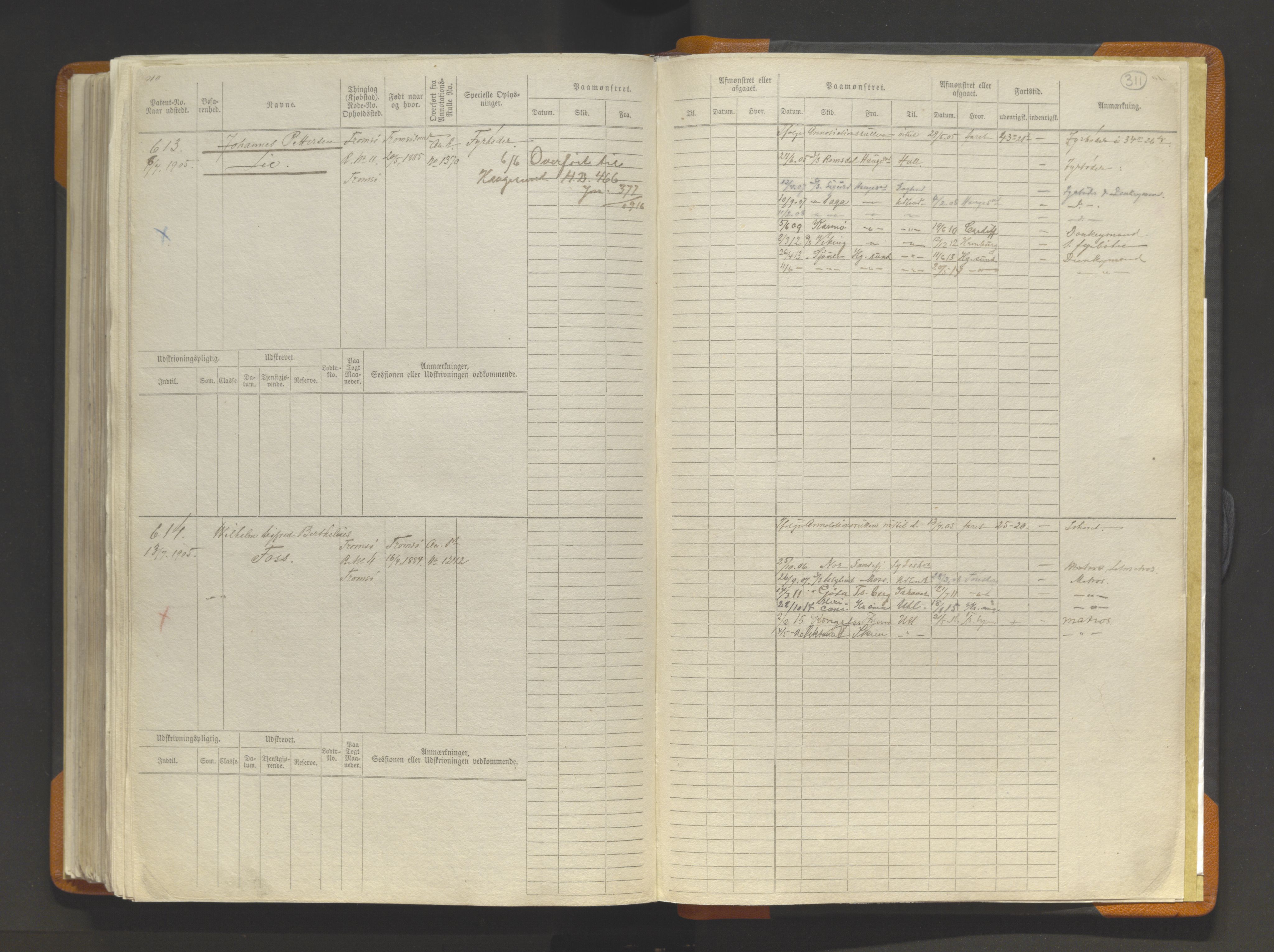 Tromsø sjømannskontor/innrullerings-/mønstringsdistrikt, AV/SATØ-S-0243/F/Fb/L0014: Sjøfartsrulle (hovedrulle). Nr. 1-620, 1868-1906, p. 311