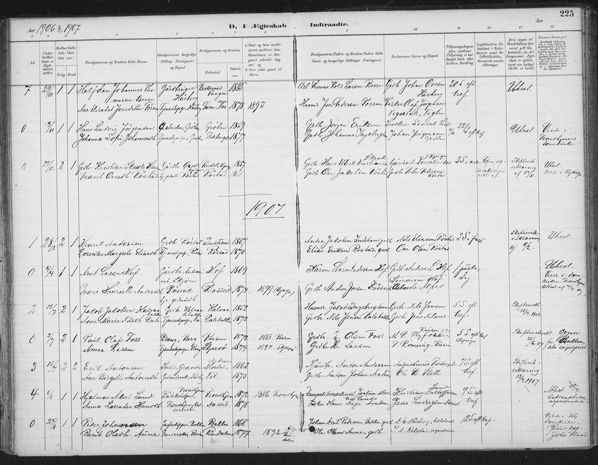 Ministerialprotokoller, klokkerbøker og fødselsregistre - Sør-Trøndelag, SAT/A-1456/659/L0743: Parish register (official) no. 659A13, 1893-1910, p. 225