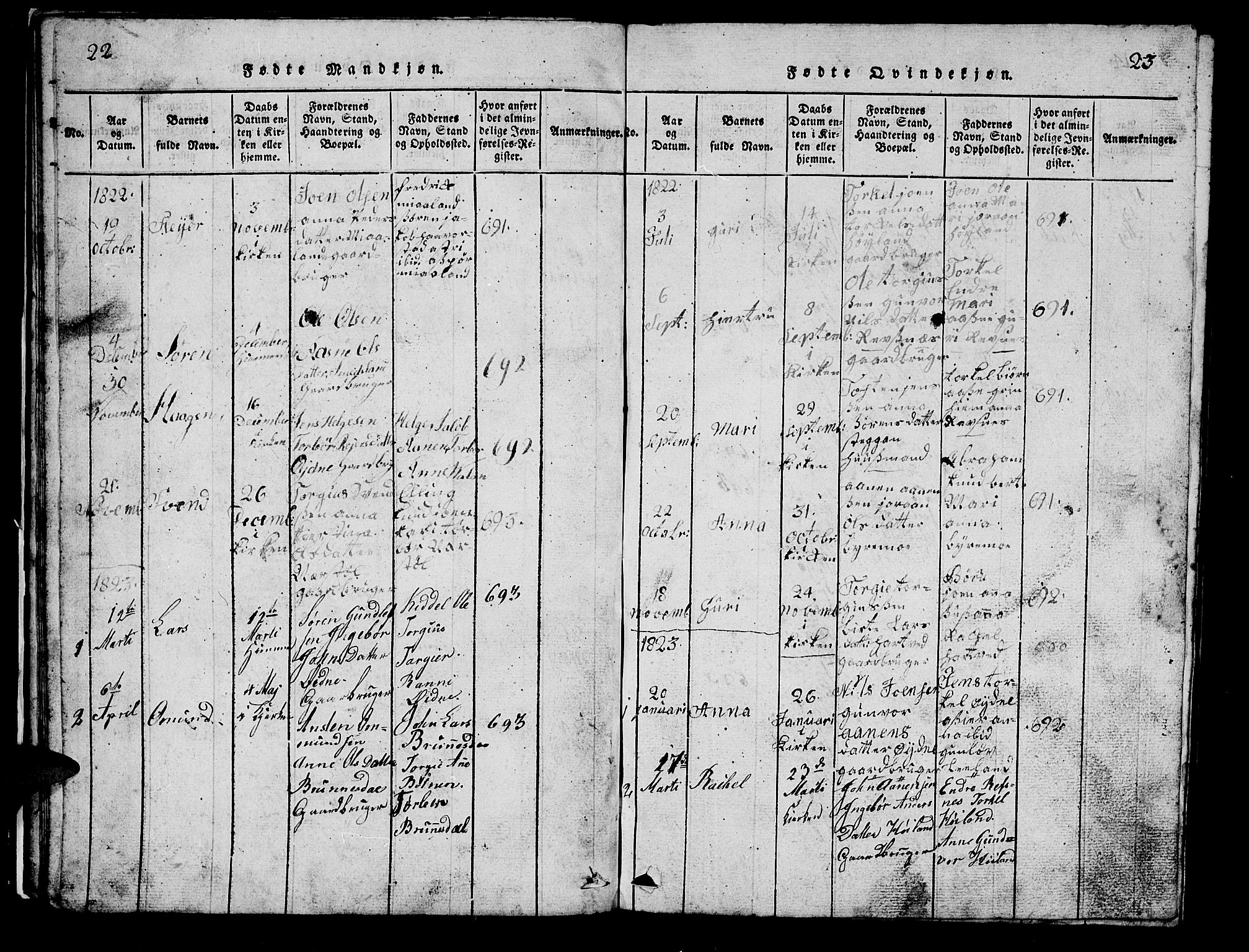 Bjelland sokneprestkontor, SAK/1111-0005/F/Fb/Fbc/L0001: Parish register (copy) no. B 1, 1815-1870, p. 22-23