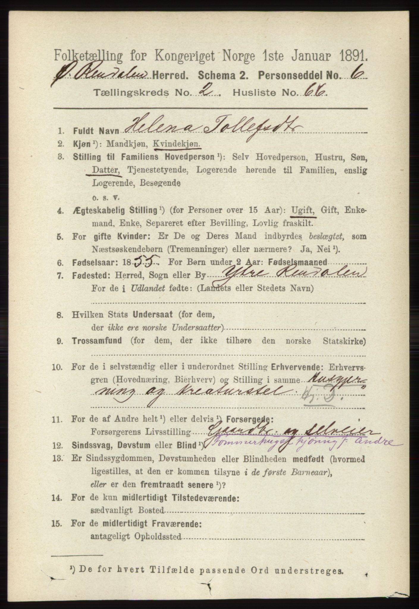 RA, 1891 census for 0433 Øvre Rendal, 1891, p. 791