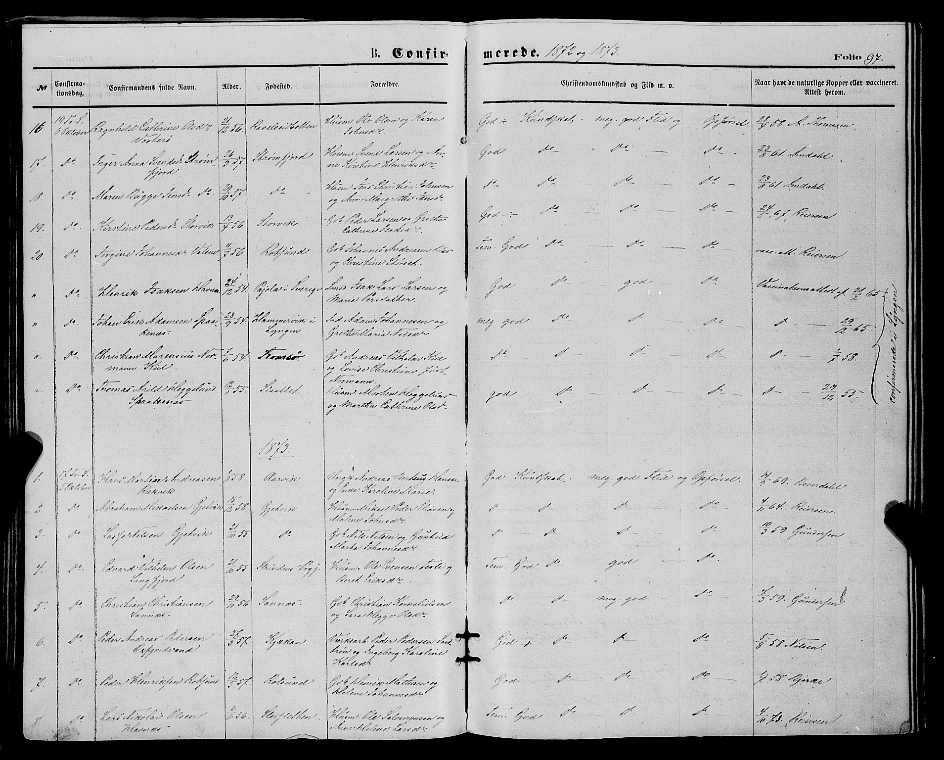 Skjervøy sokneprestkontor, SATØ/S-1300/H/Ha/Haa/L0008kirke: Parish register (official) no. 8, 1871-1877, p. 97