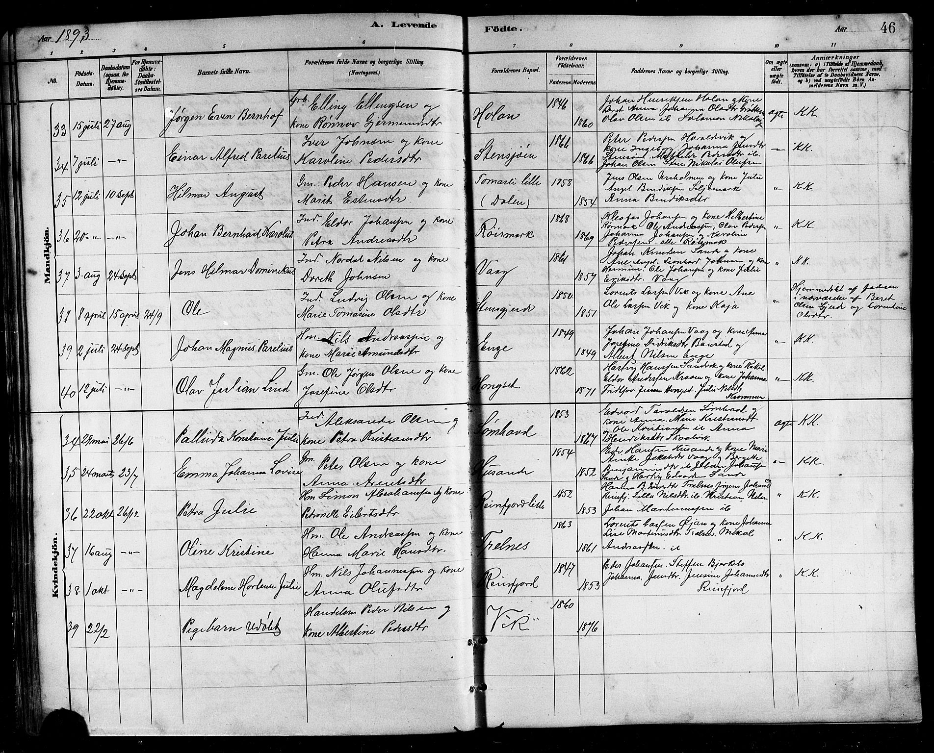 Ministerialprotokoller, klokkerbøker og fødselsregistre - Nordland, SAT/A-1459/812/L0188: Parish register (copy) no. 812C06, 1884-1912, p. 46