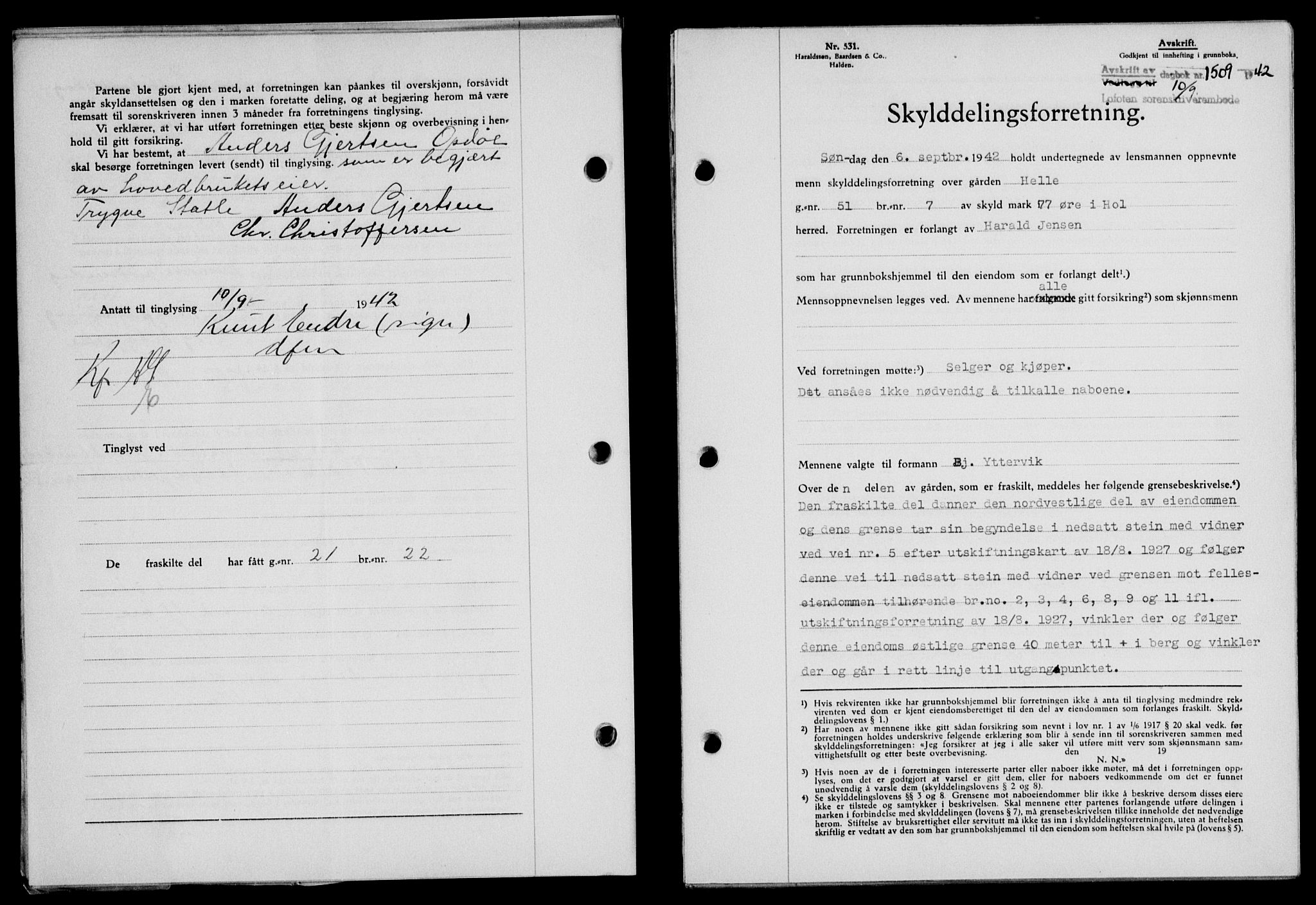 Lofoten sorenskriveri, SAT/A-0017/1/2/2C/L0010a: Mortgage book no. 10a, 1942-1943, Diary no: : 1509/1942