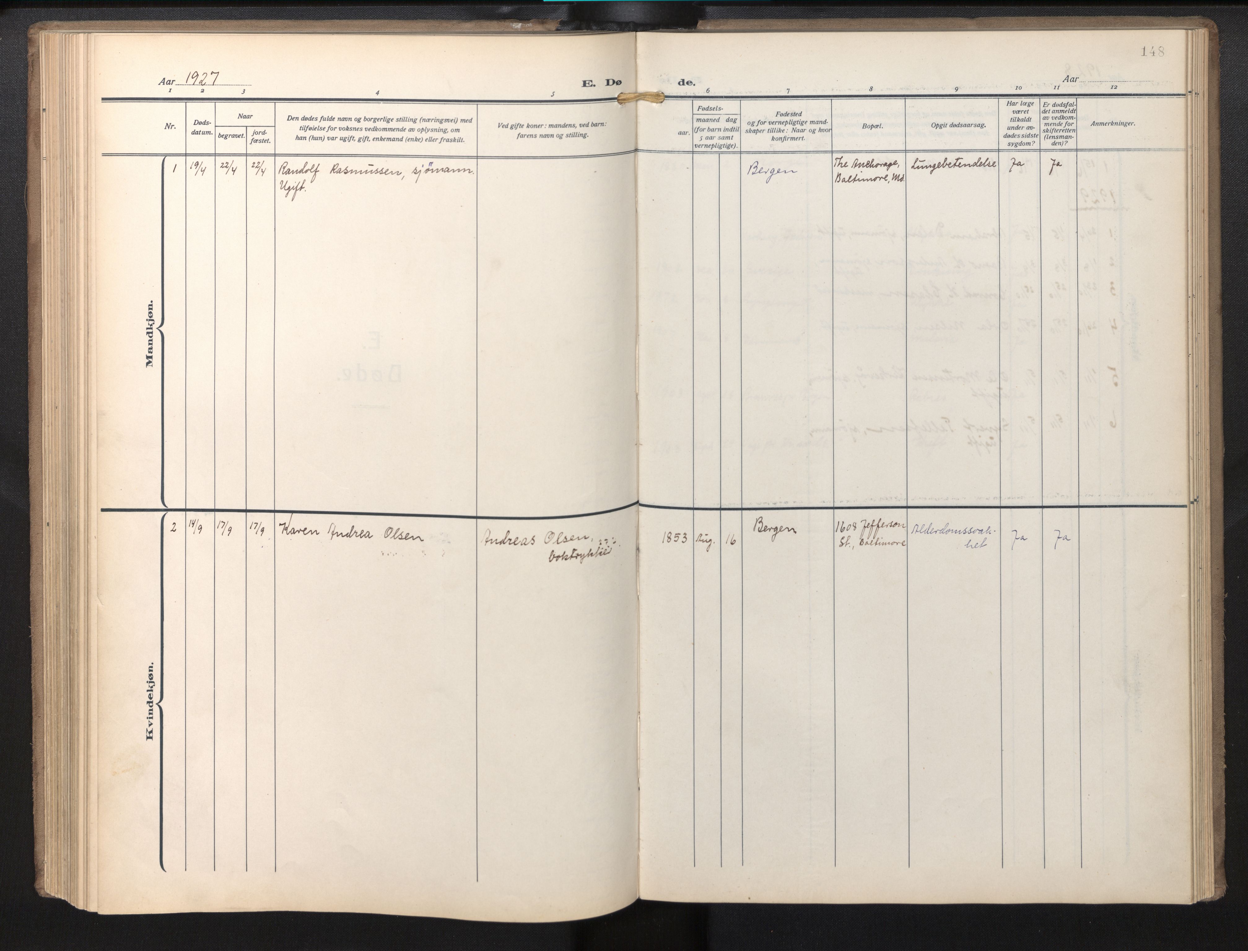 Den norske sjømannsmisjon i utlandet / Baltimore, AV/SAB-SAB/PA-0169/H/Ha/L0001: Parish register (official) no. A 1, 1927-1975, p. 147b-148a