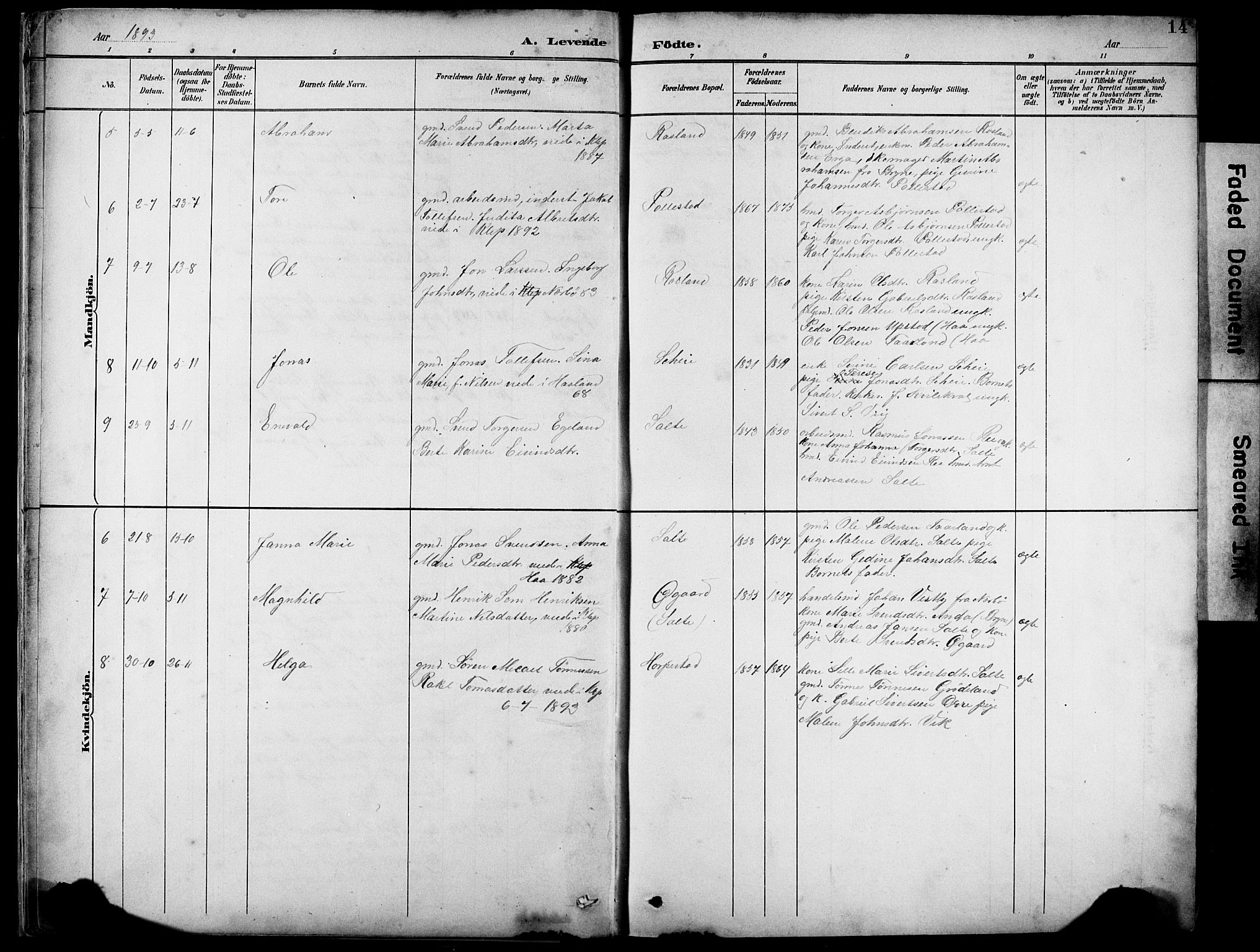 Klepp sokneprestkontor, AV/SAST-A-101803/001/3/30BB/L0005: Parish register (copy) no. B 5, 1889-1918, p. 14