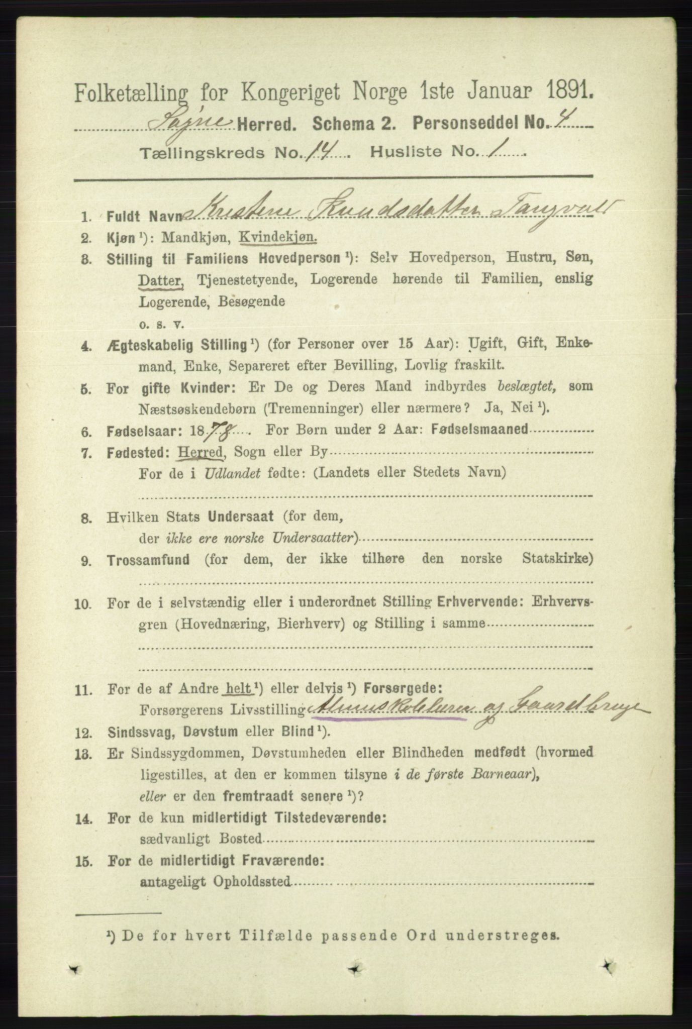 RA, 1891 census for 1018 Søgne, 1891, p. 3407