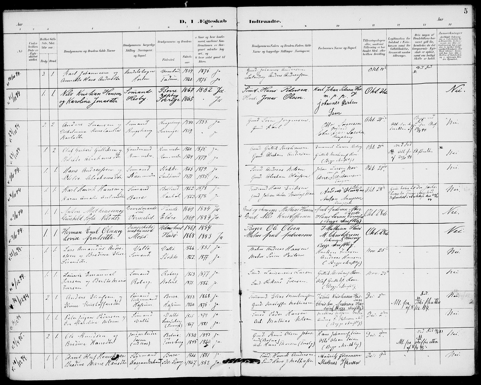 Sem kirkebøker, AV/SAKO-A-5/H/Ha/L0001: Banns register no. 1, 1894-1909, p. 5