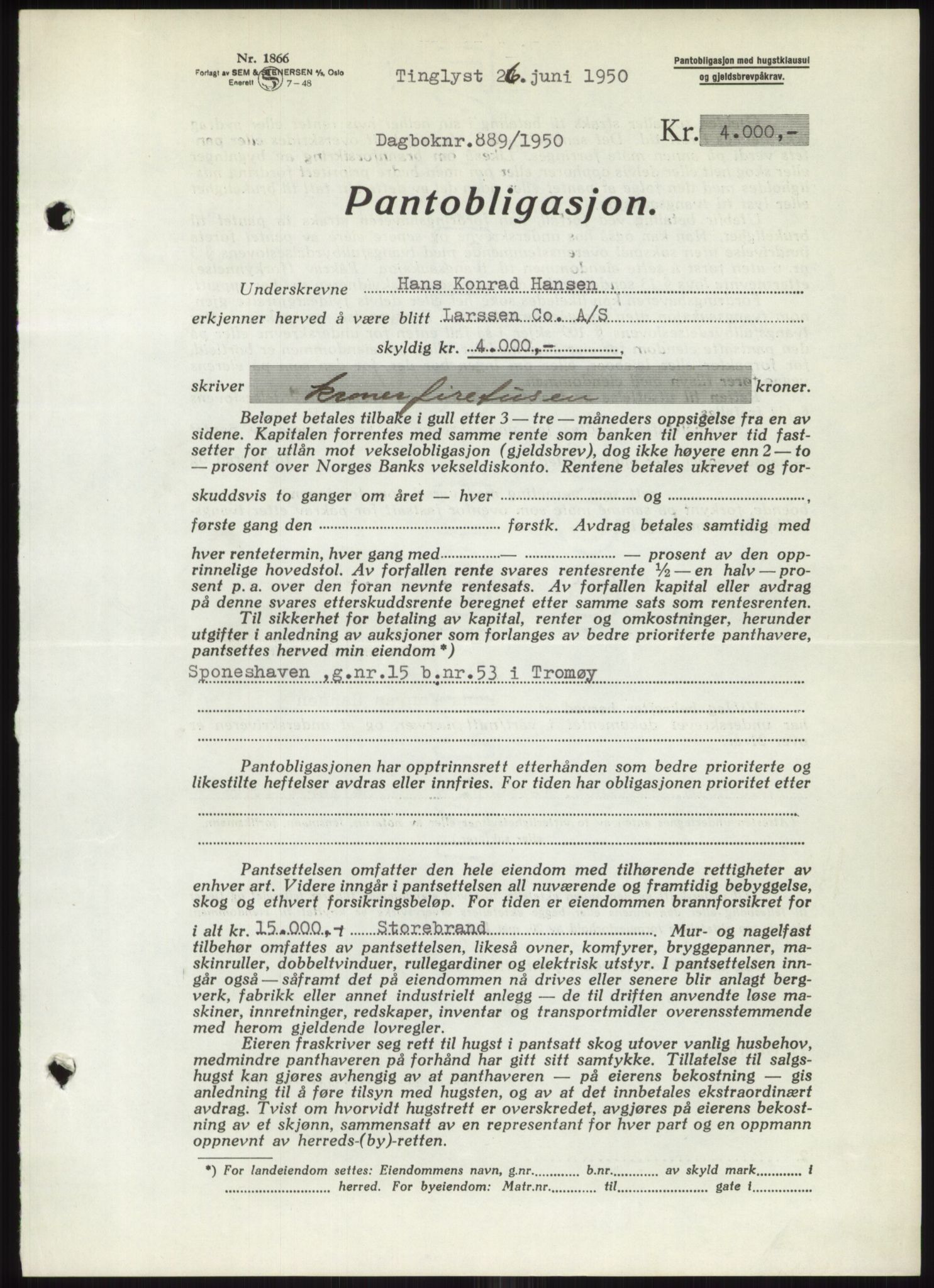 Nedenes sorenskriveri, AV/SAK-1221-0006/G/Gb/Gbb/L0007: Mortgage book no. B7, 1949-1950, Diary no: : 889/1950