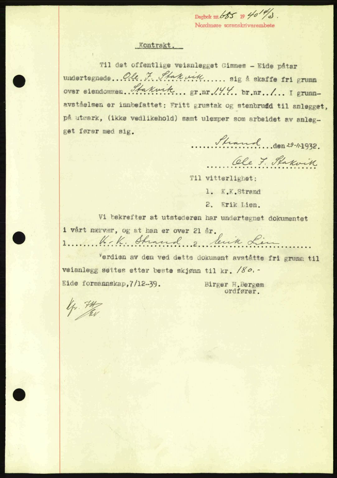 Nordmøre sorenskriveri, AV/SAT-A-4132/1/2/2Ca: Mortgage book no. B86, 1939-1940, Diary no: : 685/1940