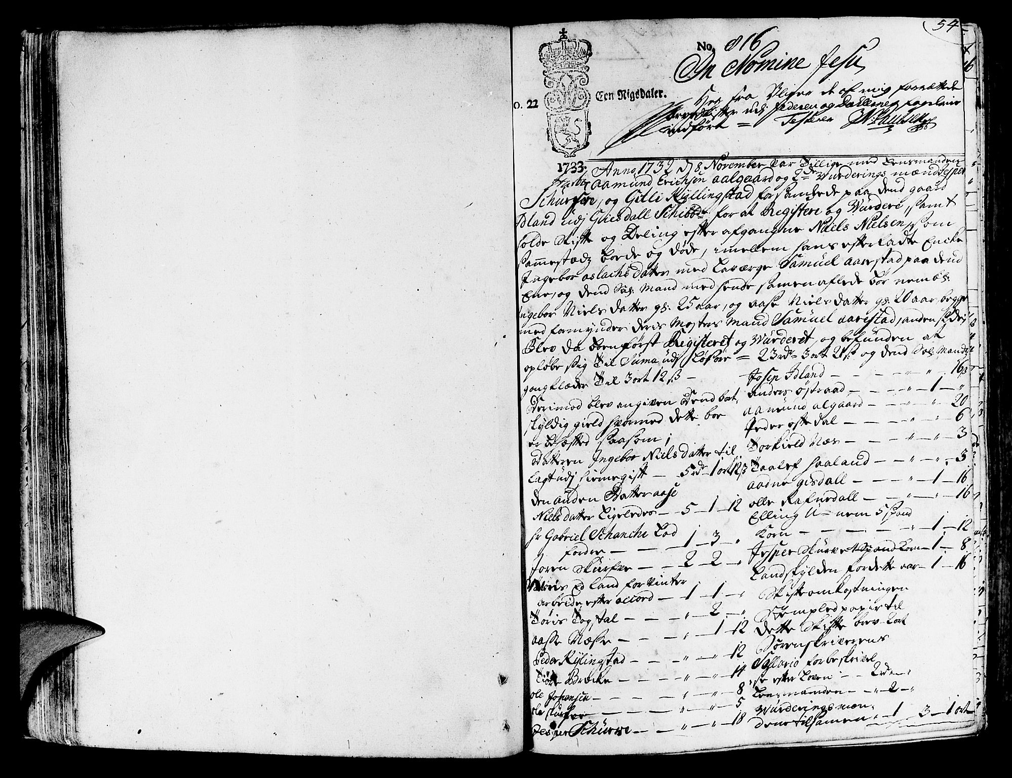 Jæren og Dalane sorenskriveri, SAST/A-100306/5/50BA/L0006B: SKIFTEPROTOKOLL, 1722-1739, p. 53b-54a