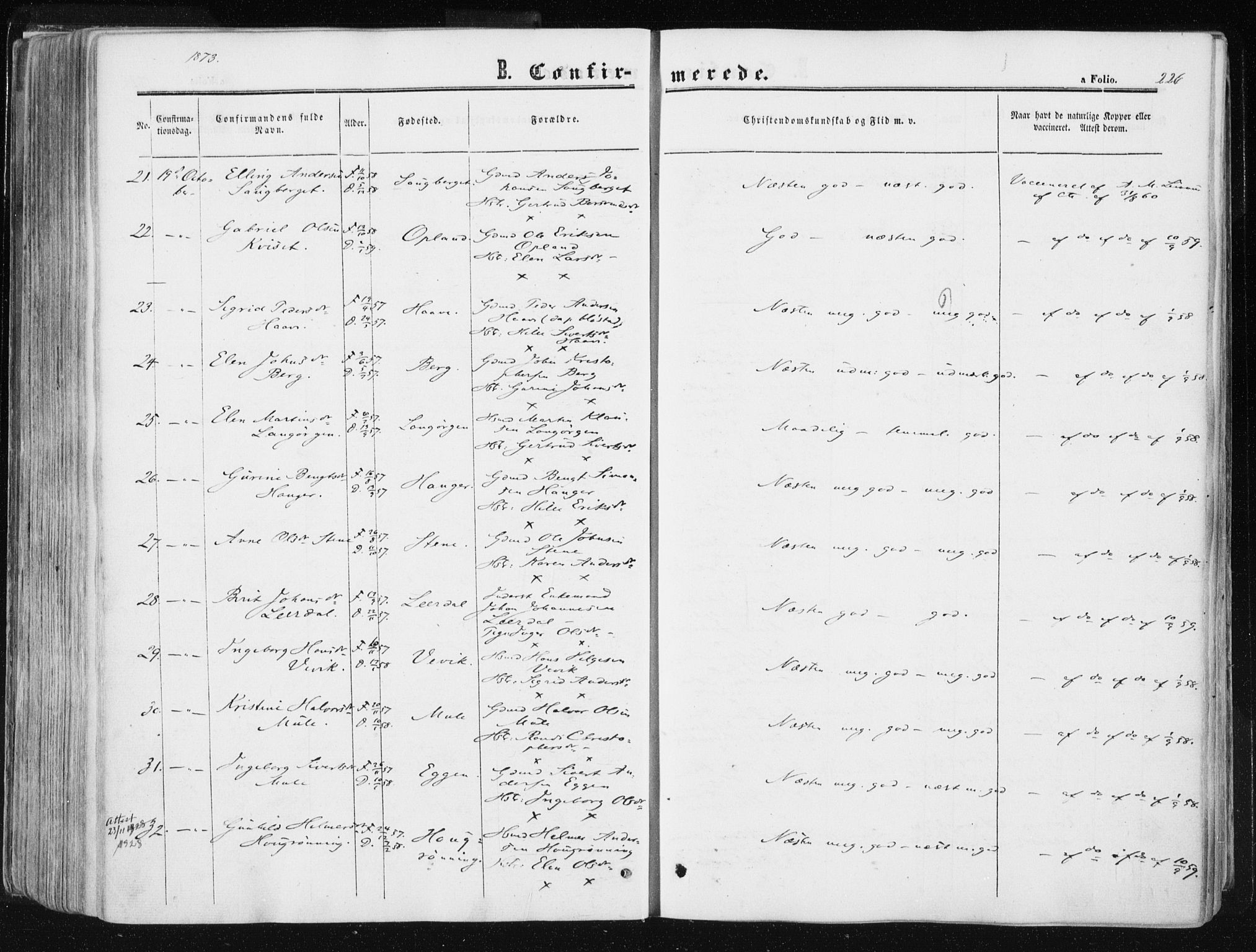 Ministerialprotokoller, klokkerbøker og fødselsregistre - Sør-Trøndelag, AV/SAT-A-1456/612/L0377: Parish register (official) no. 612A09, 1859-1877, p. 226