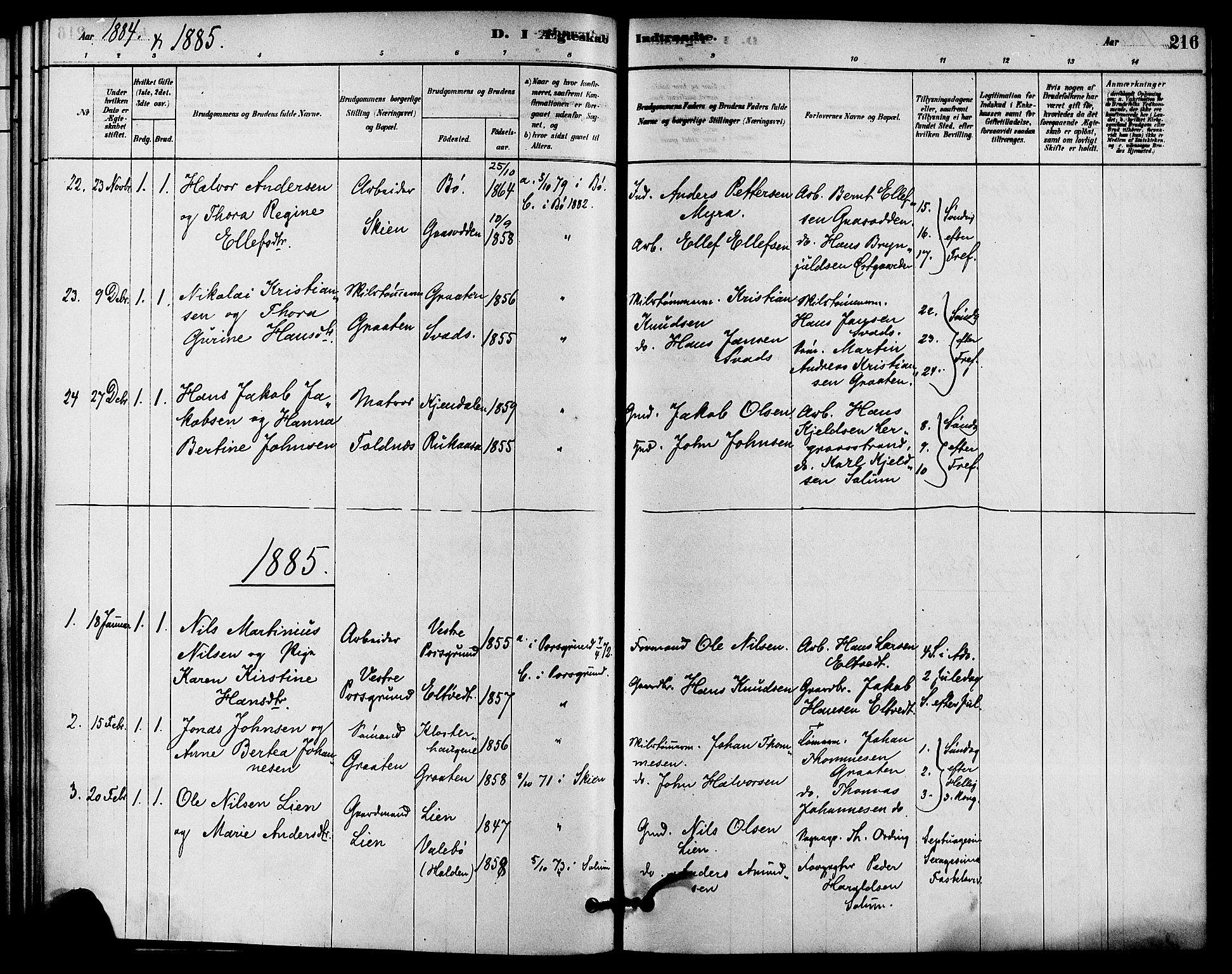 Solum kirkebøker, SAKO/A-306/F/Fa/L0009: Parish register (official) no. I 9, 1877-1887, p. 216