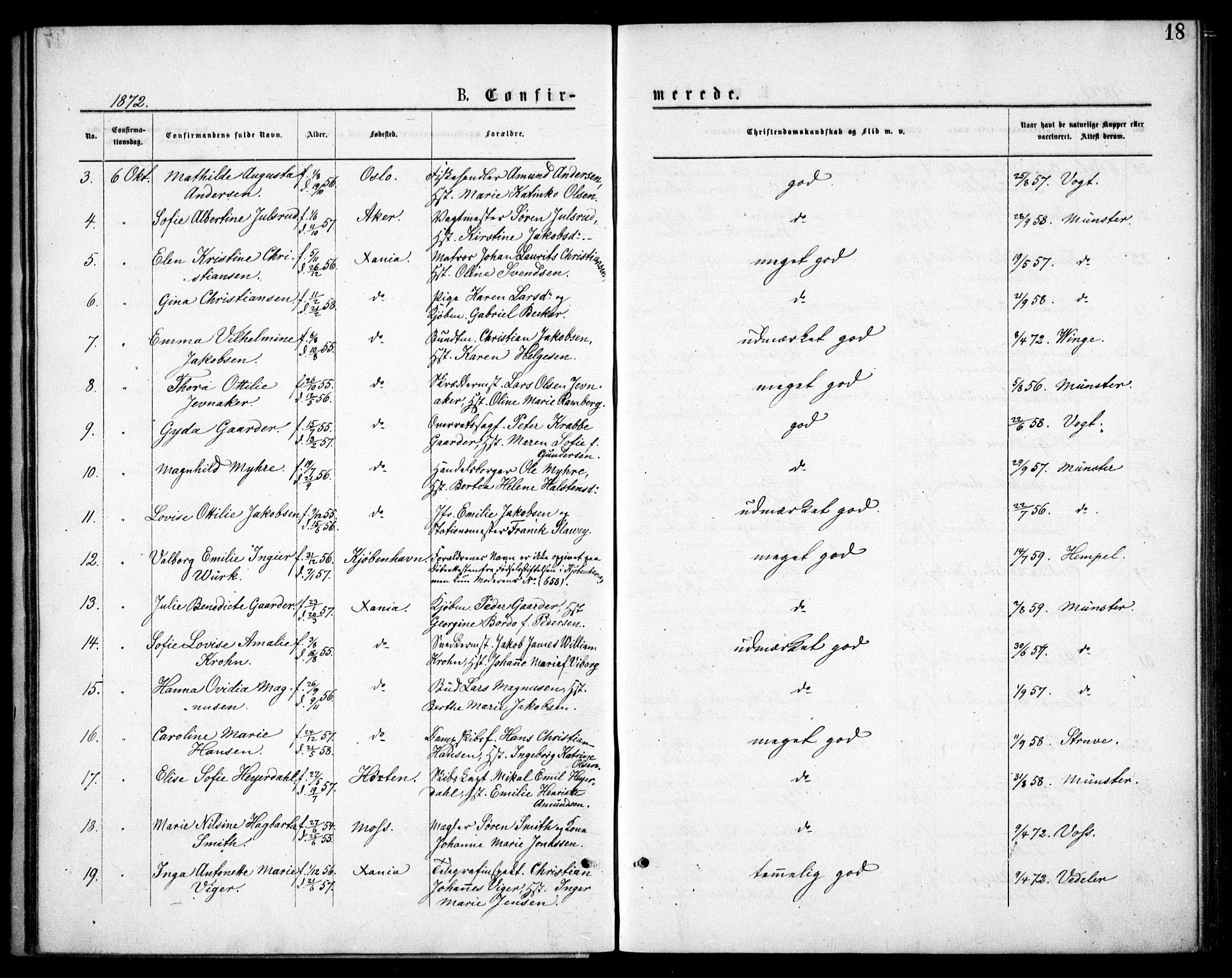 Oslo domkirke Kirkebøker, SAO/A-10752/F/Fa/L0018: Parish register (official) no. 18, 1872-1886, p. 18