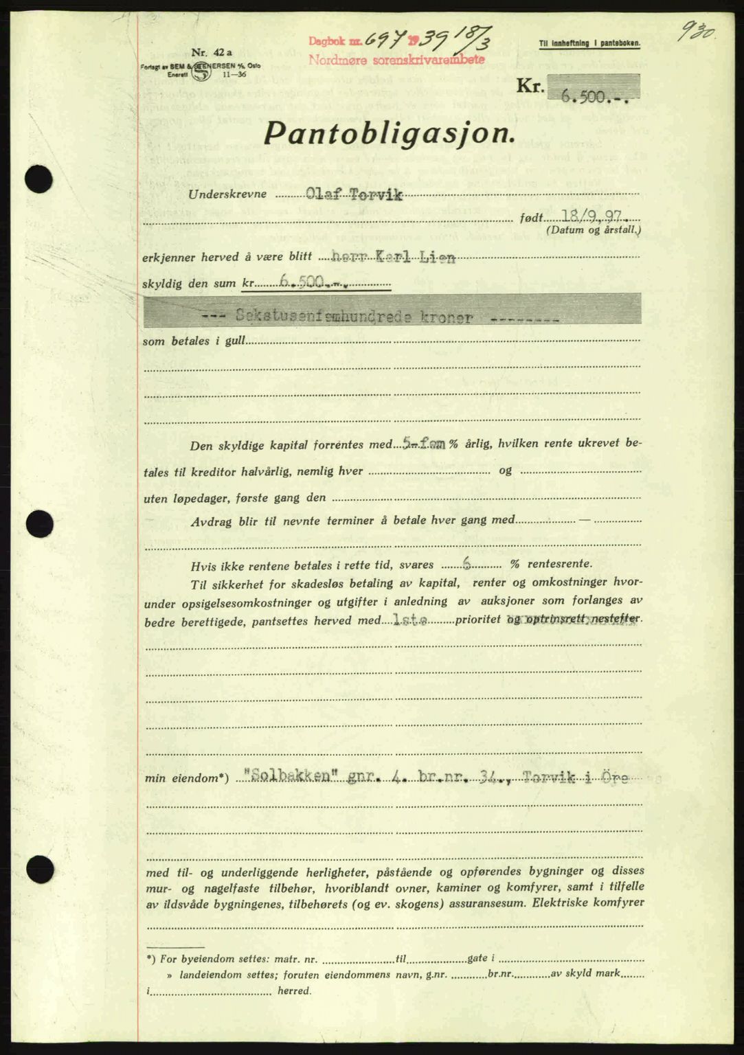 Nordmøre sorenskriveri, SAT/A-4132/1/2/2Ca: Mortgage book no. B84, 1938-1939, Diary no: : 697/1939