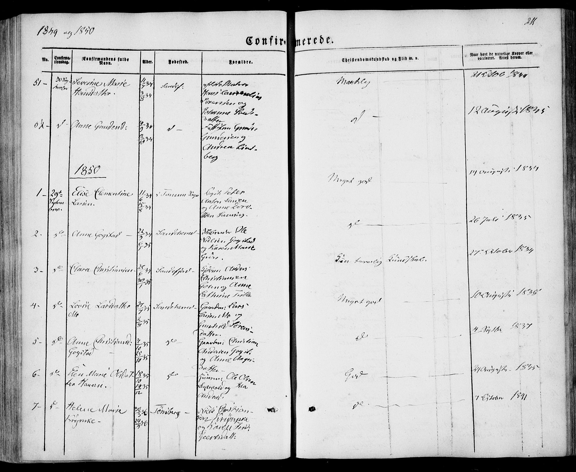 Sandar kirkebøker, SAKO/A-243/F/Fa/L0006: Parish register (official) no. 6, 1847-1860, p. 211