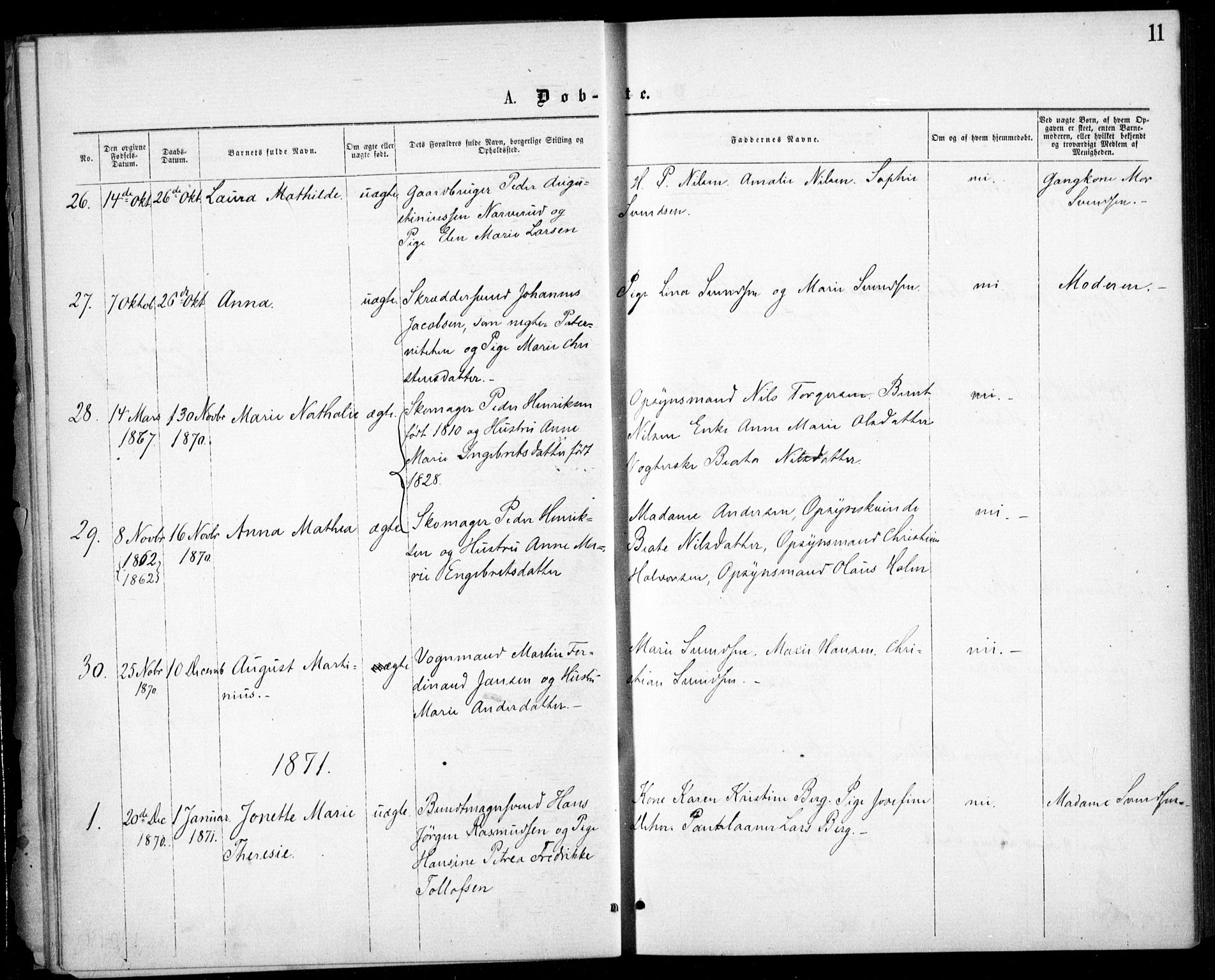 Krohgstøtten sykehusprest Kirkebøker, SAO/A-10854/F/Fa/L0001: Parish register (official) no. 1, 1865-1873, p. 11