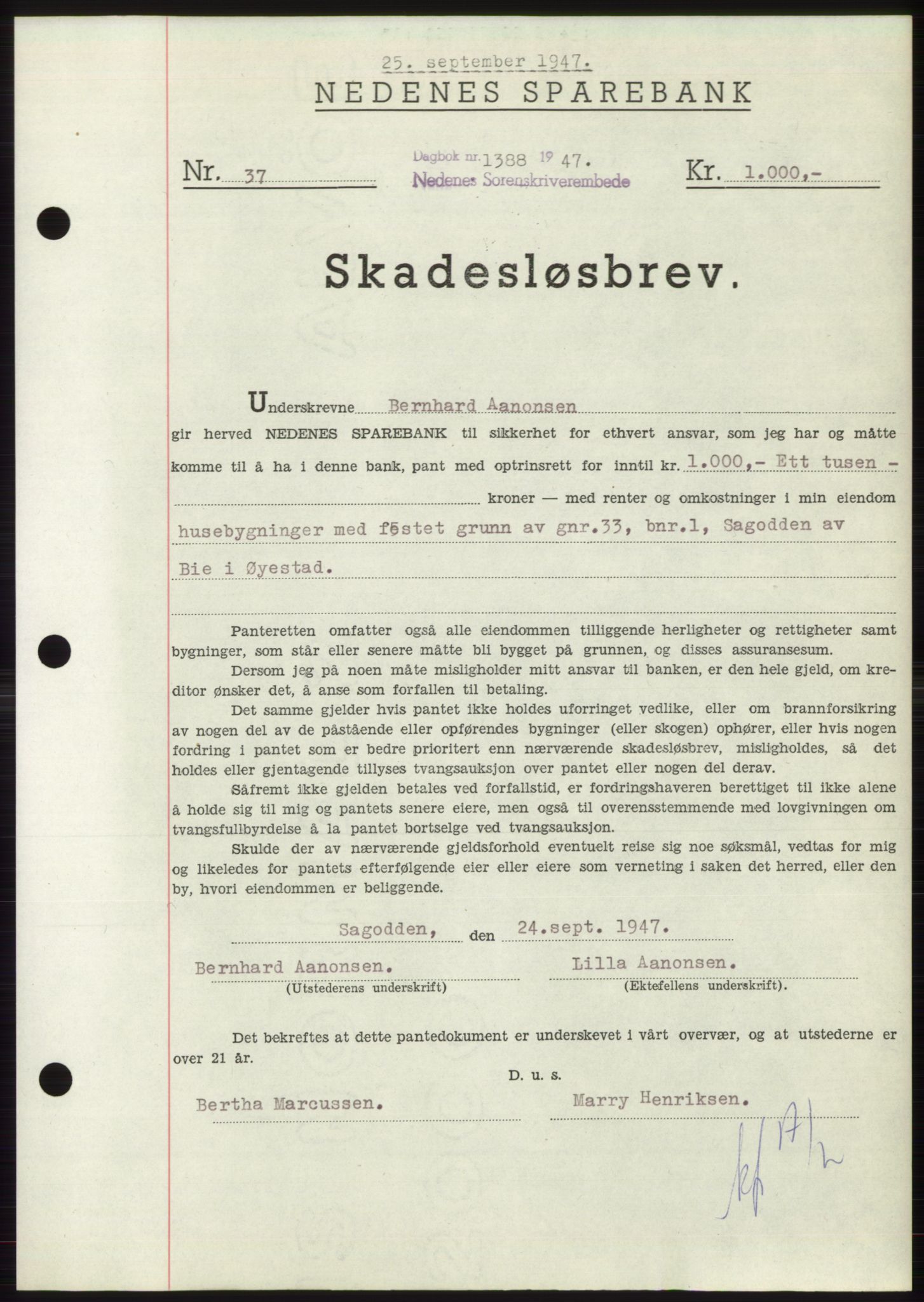 Nedenes sorenskriveri, AV/SAK-1221-0006/G/Gb/Gbb/L0004: Mortgage book no. B4, 1947-1947, Diary no: : 1388/1947