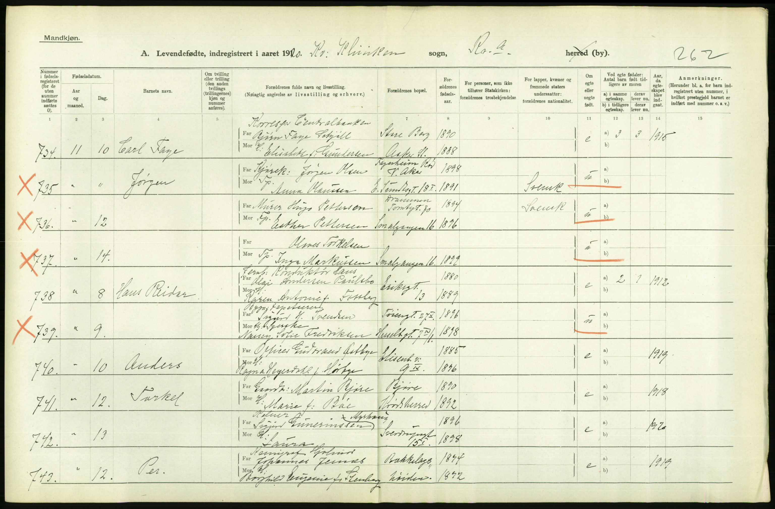 Statistisk sentralbyrå, Sosiodemografiske emner, Befolkning, AV/RA-S-2228/D/Df/Dfb/Dfbj/L0008: Kristiania: Levendefødte menn og kvinner., 1920, p. 476