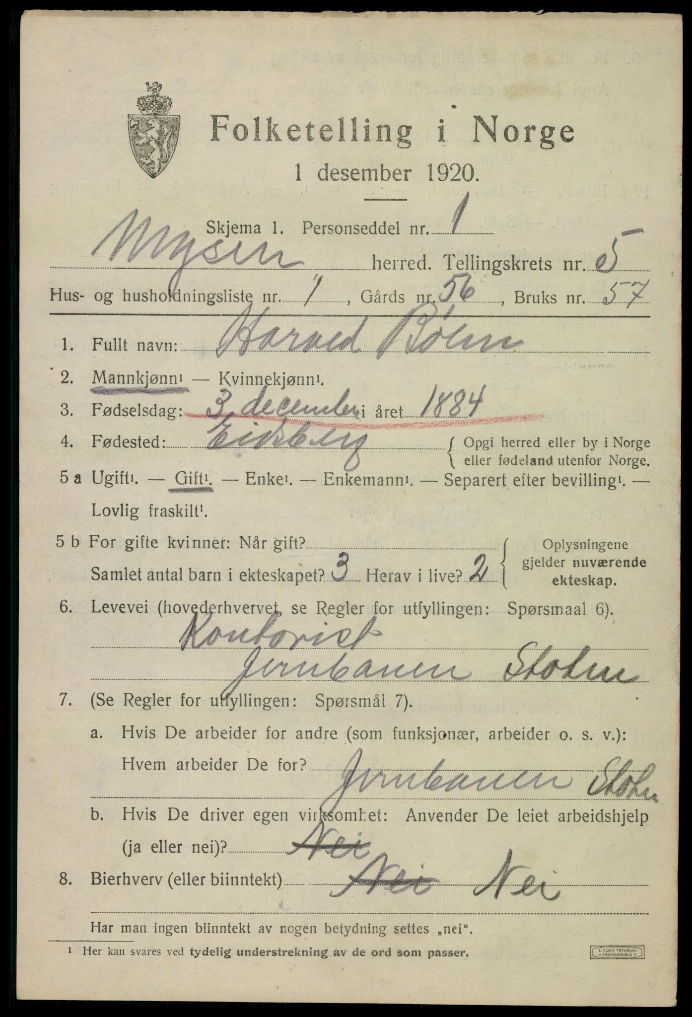 SAO, 1920 census for Mysen, 1920, p. 2671