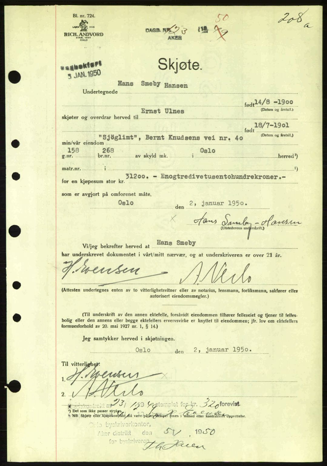 Oslo byskriverembete, AV/SAO-A-10227/G/Gb/Gbd/Gbda/L0017: Mortgage book no. A215, 1949-1950, Diary no: : 123/1950