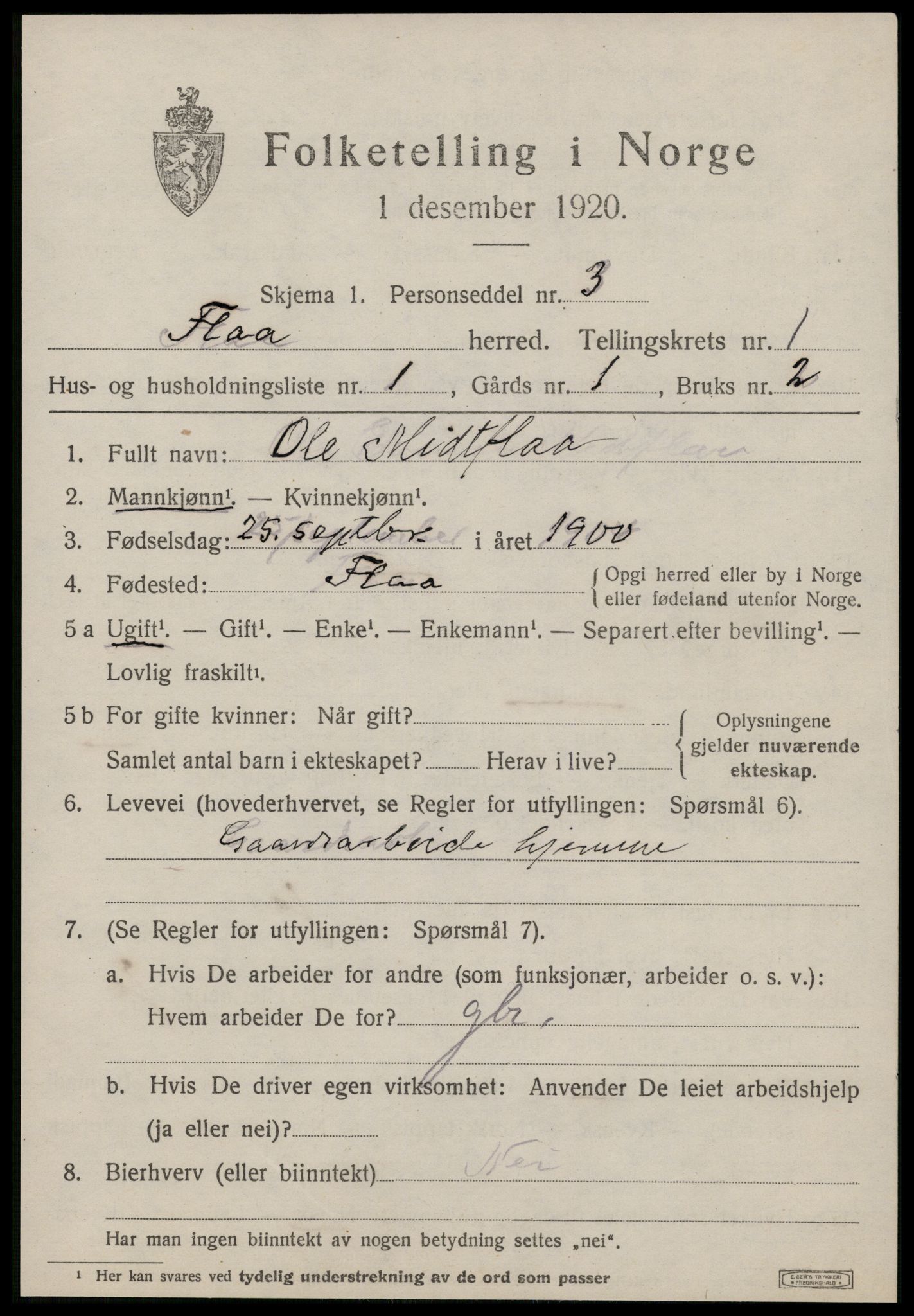 SAT, 1920 census for Flå, 1920, p. 280