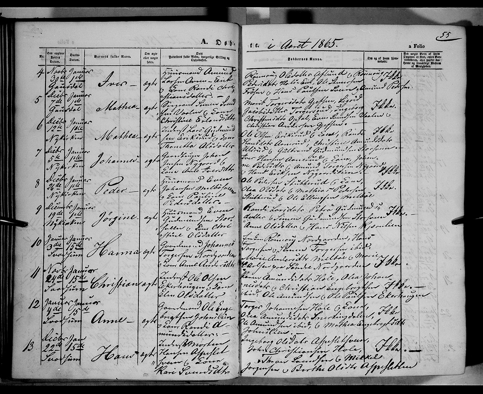 Gausdal prestekontor, SAH/PREST-090/H/Ha/Haa/L0009: Parish register (official) no. 9, 1862-1873, p. 55