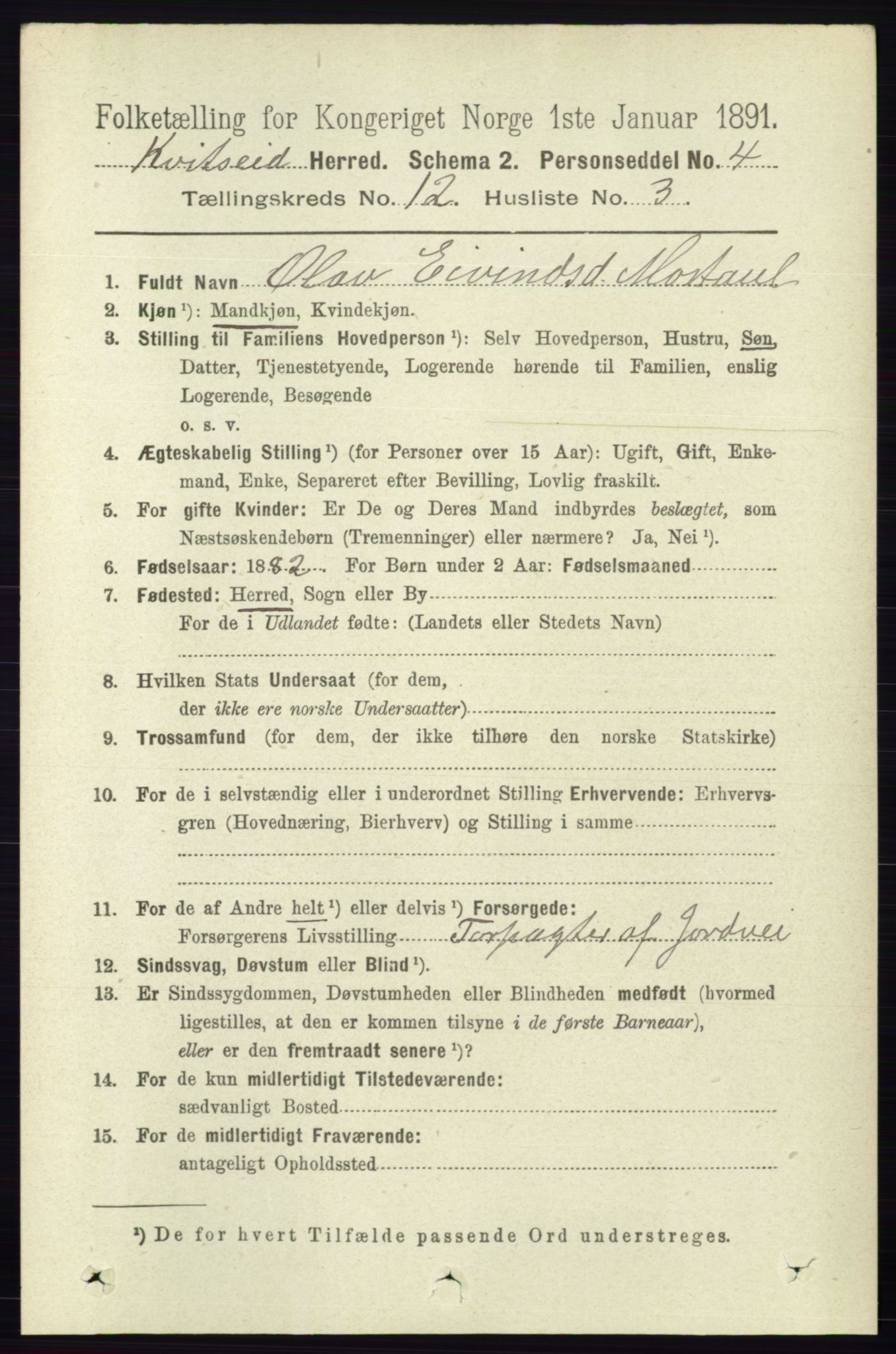 RA, 1891 census for 0829 Kviteseid, 1891, p. 2855