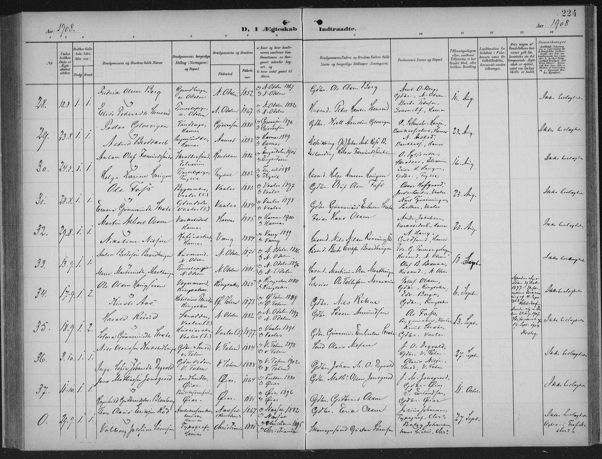 Hamar prestekontor, AV/SAH-DOMPH-002/H/Ha/Haa/L0001: Parish register (official) no. 1, 1900-1914, p. 224