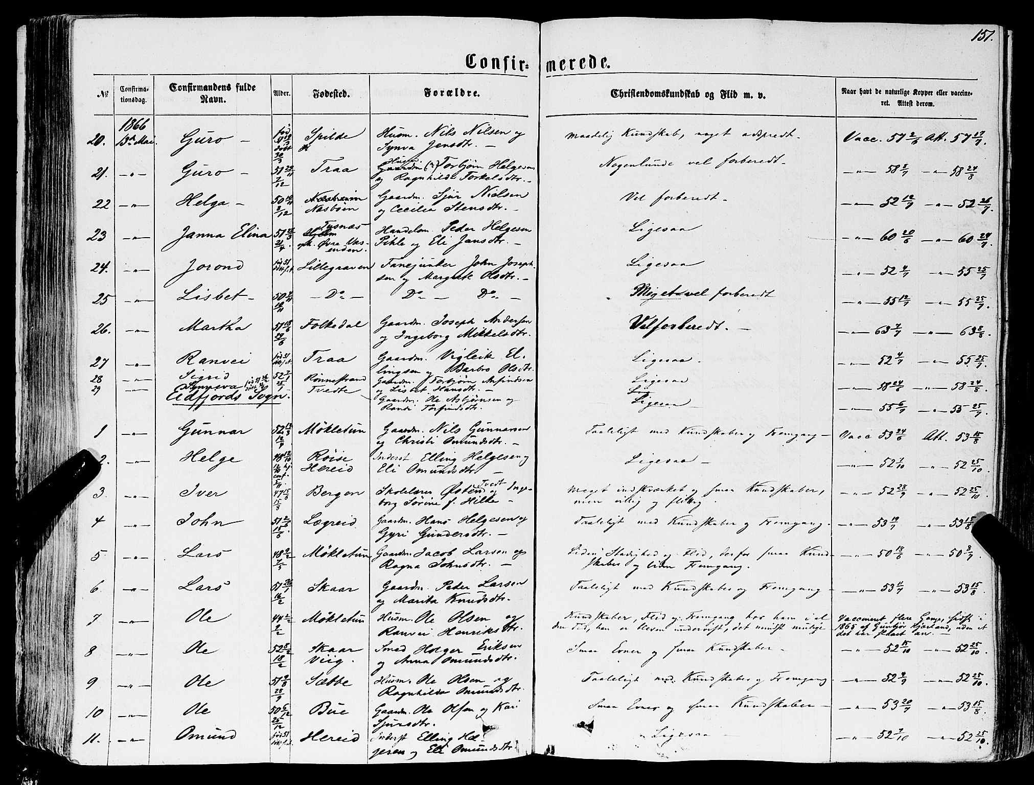 Ulvik sokneprestembete, AV/SAB-A-78801/H/Haa: Parish register (official) no. A 15, 1864-1878, p. 151