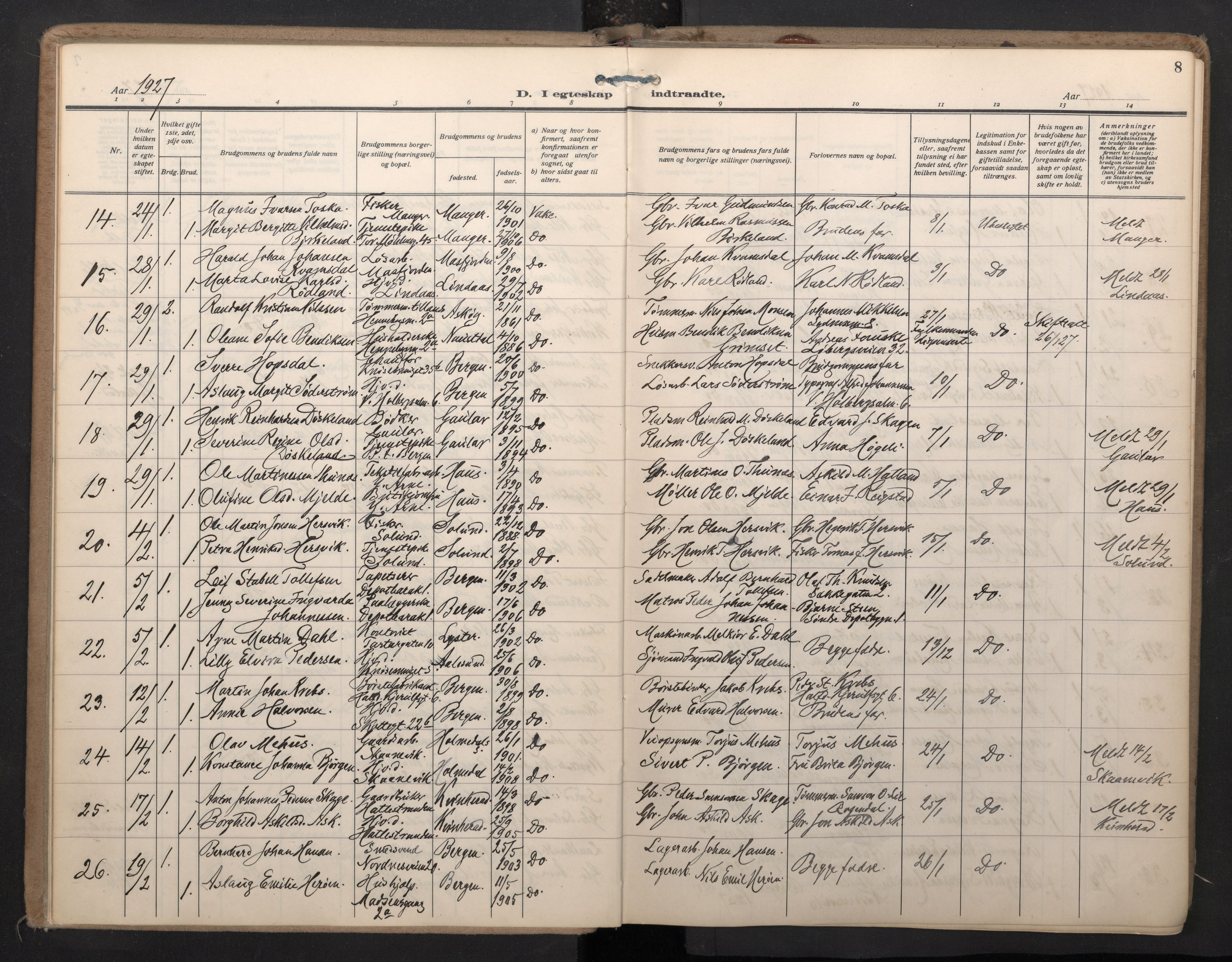 Nykirken Sokneprestembete, SAB/A-77101/H/Haa/L0038: Parish register (official) no. D 8, 1926-1934, p. 7b-8a